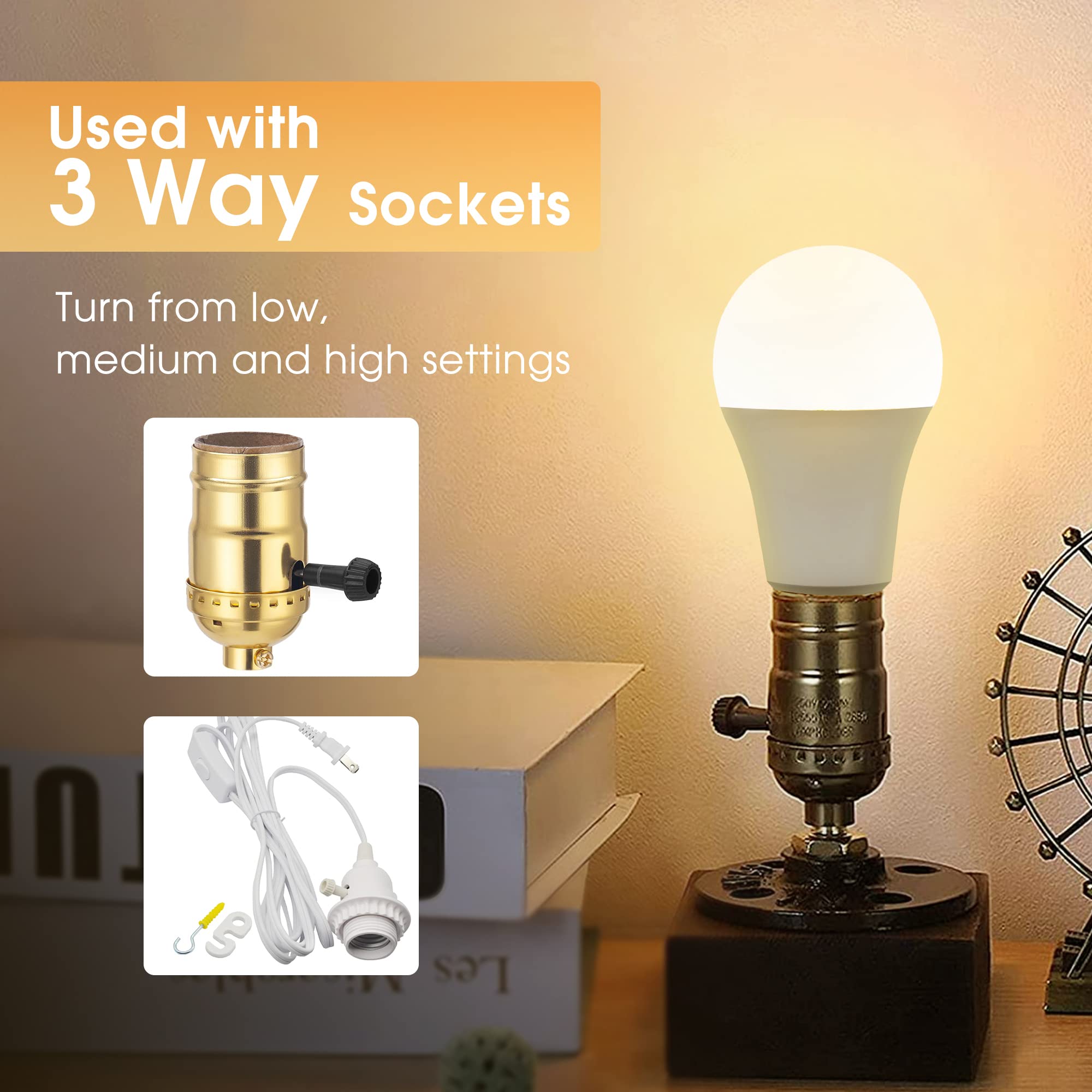 Briignite Led Light Bulbs, 3 Way Light Bulbs 50 100 150W Equivalent, 3 Way Light Bulbs, Three Way A19 Light Bulbs E26 Medium Base, Warm White 3000K, 600Lm-1200Lm-1600Lm, 4 Pack