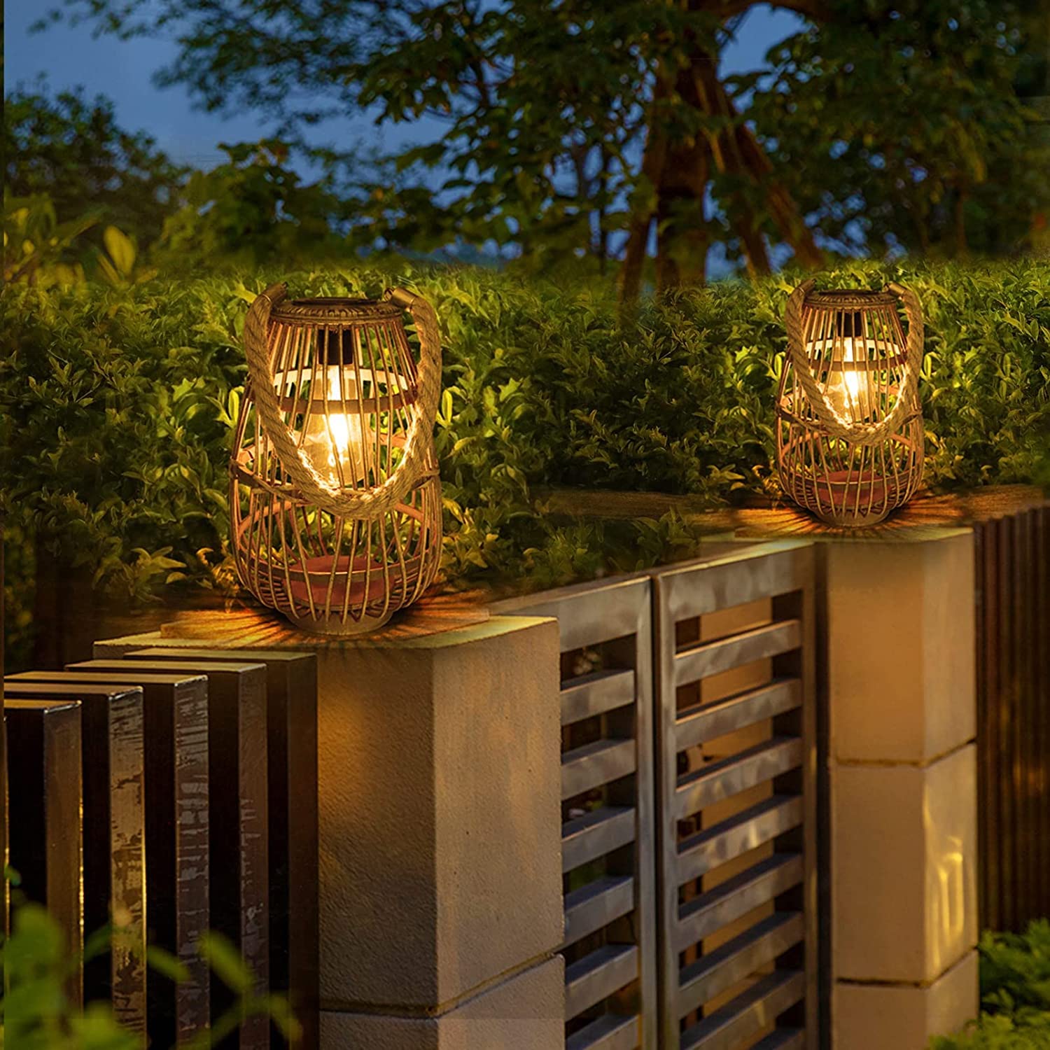 pearlstar Outdoor Solar Lantern Light, Rattan, Edison Bulb, Style 1, Auto On/Off, Hanging/Table Lamp for Patio Garden Wedding Decoration