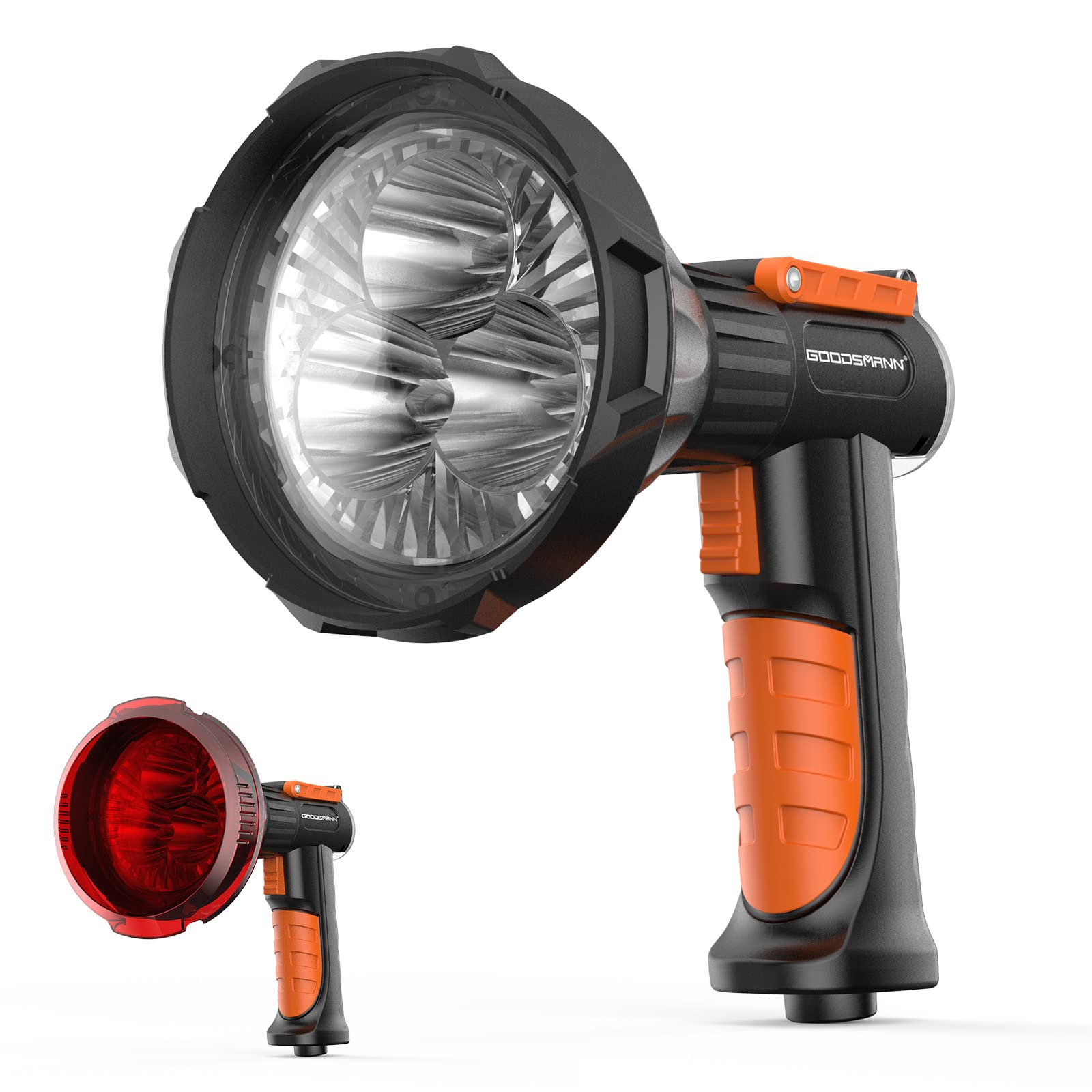 GOODSMANN 4000 Lumen Marine Spotlight, Rechargeable Handheld Searchlight, Black & Orange, Model 9903-C201-01, Includes Red Lens & Chargers