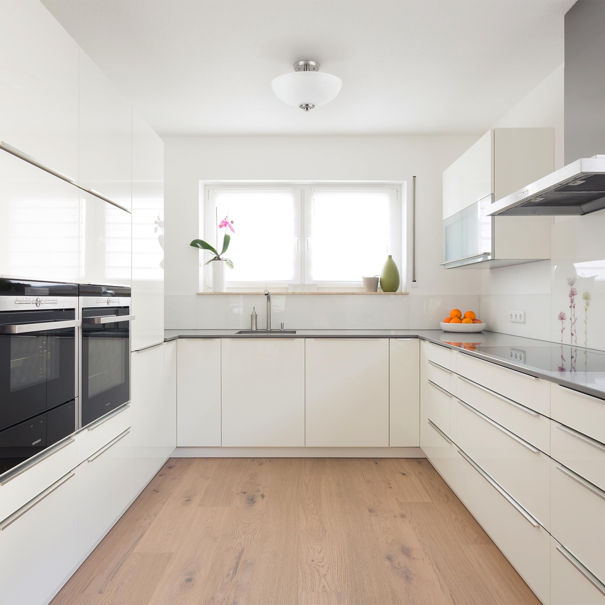 Globe Electric 63357 2-Light Semi-Flush Mount Ceiling Light, Brushed Nickel, Chrome Accents, Frosted Glass Shade, Kitchen, Light