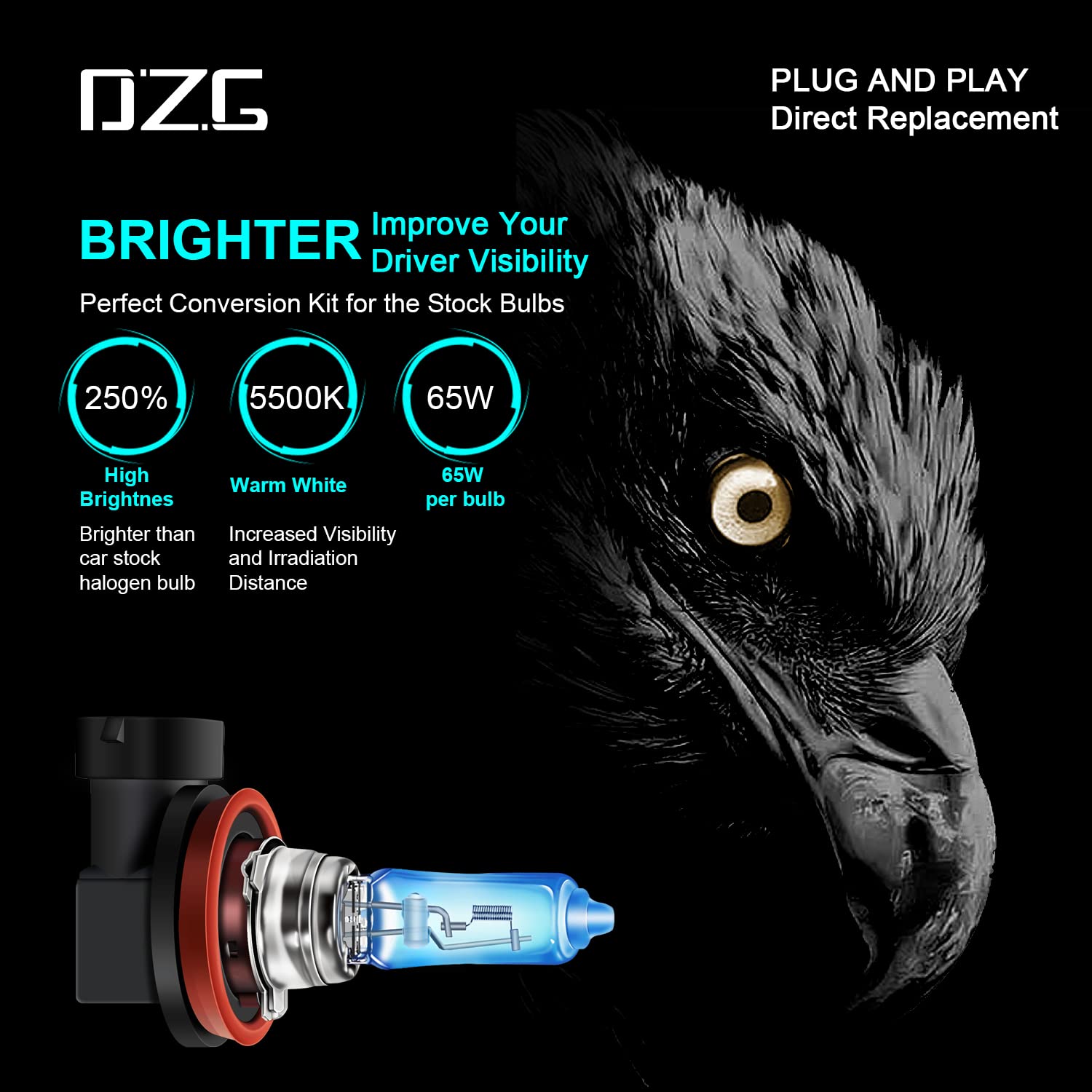 DZG H9 Halogen Headlight Bulb 65W 5500K Warm White Fog Light Replacement, Pack of 2