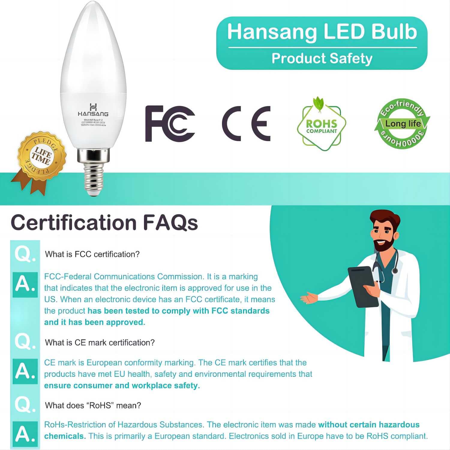 Hansang 8 Pack E12 Candelabra Led Bulbs 5000K Bright Daylight, Small Base Ceiling Fan Light Bulb 6W, Type B Light Bulb For Chand
