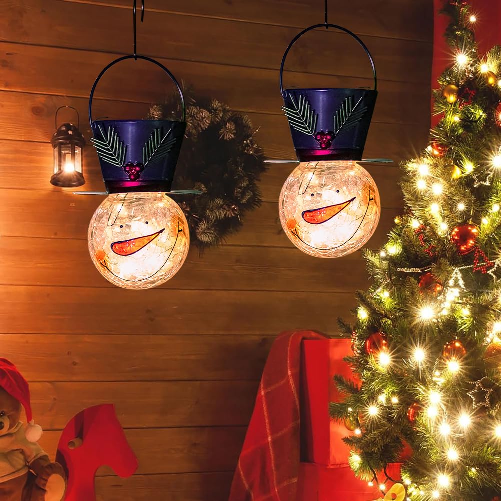 Starsoul Solar Lanterns 2 Pack - Waterproof Snowman Lights for Garden, Patio, Xmas Decor - Small Leaf Design
