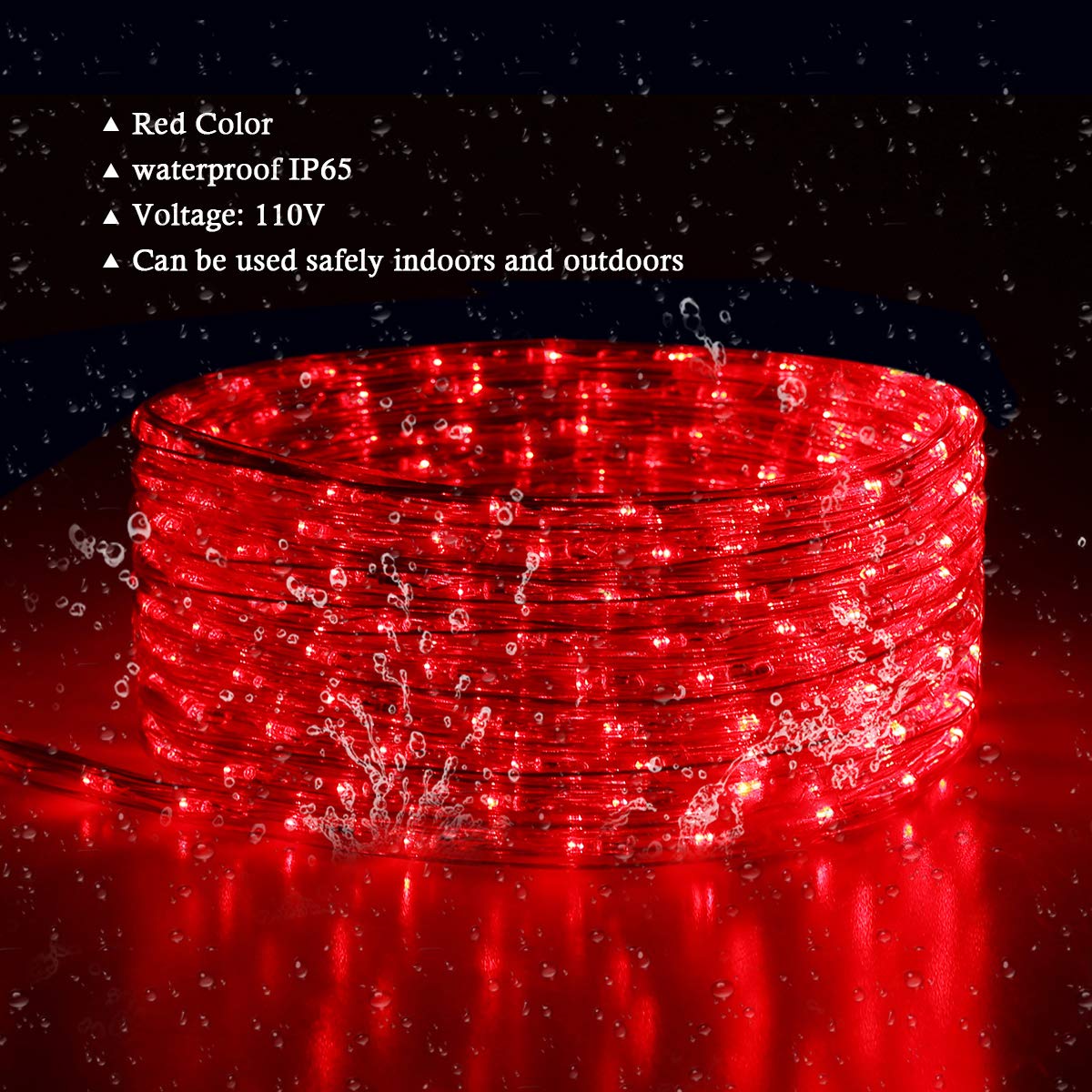 Buyagn LED Rope Lights 100Ft Waterproof Outdoor Decorative Lighting Red, Model DH111701