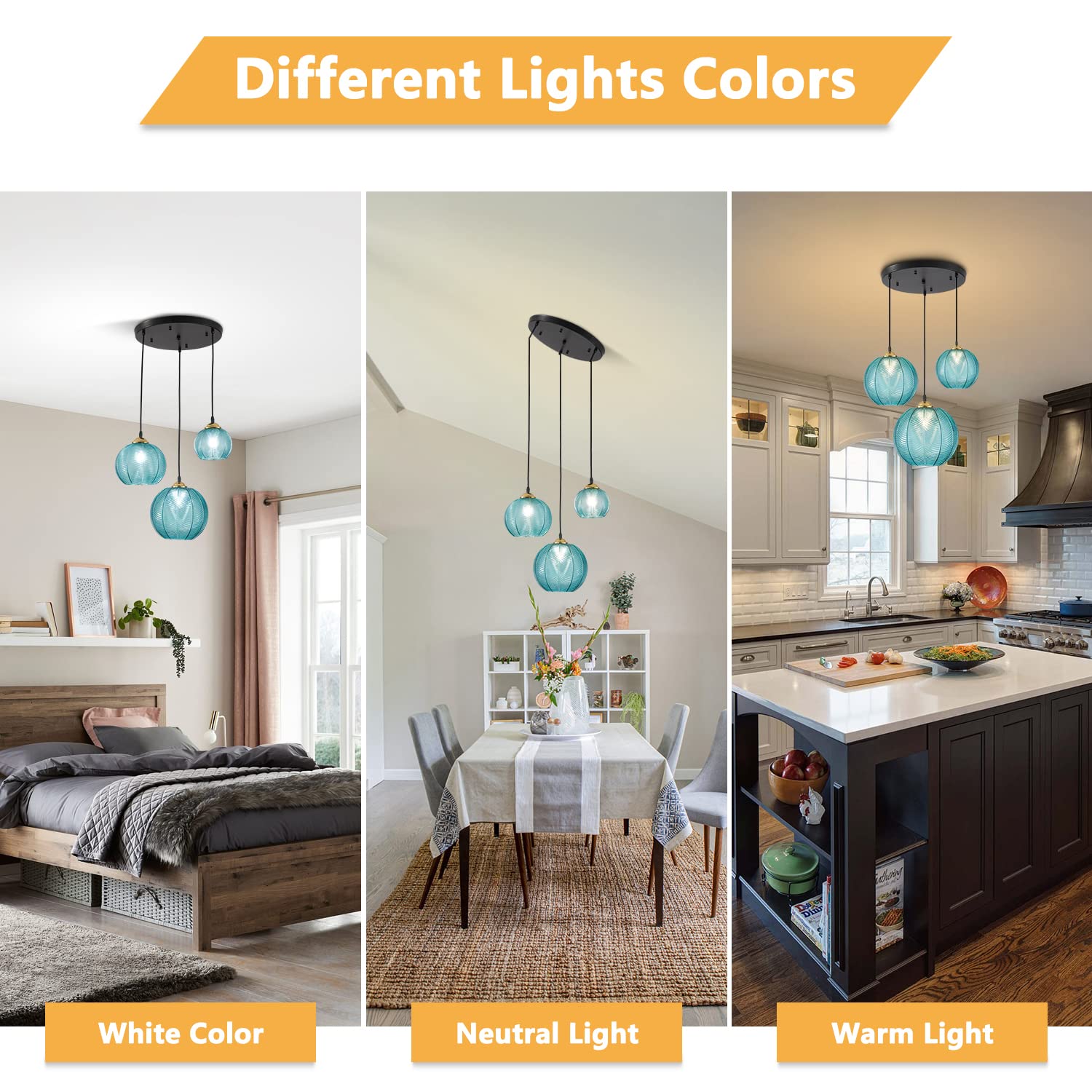 Kco 3-Light Blue Striped Glass Pendant Light Fixture - Vintage Mid-Century Chandelier