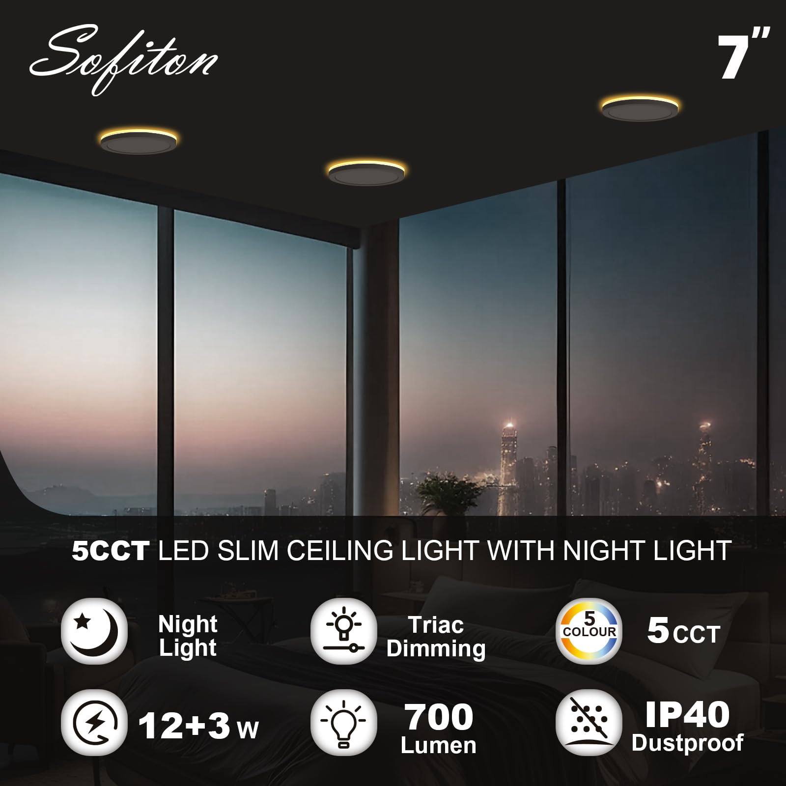 Sofiton 7 Inch Led Flush Mount Ceiling Lights With Nightlight, 2700K/3000K/3500K/4000K/5000K 5Cct Selectable Ceiling Light Fixtu