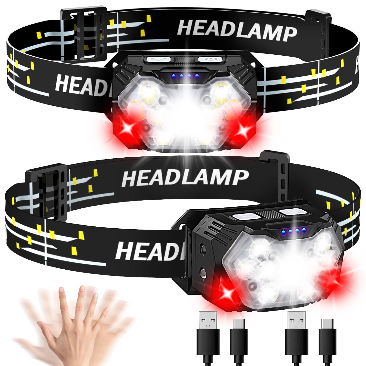 Lsnisni 9 LED Rechargeable Headlamp 2000 Lumen, 10 Modes, Waterproof, USB C, 2 Pack, Model HL-RECHARGE-2