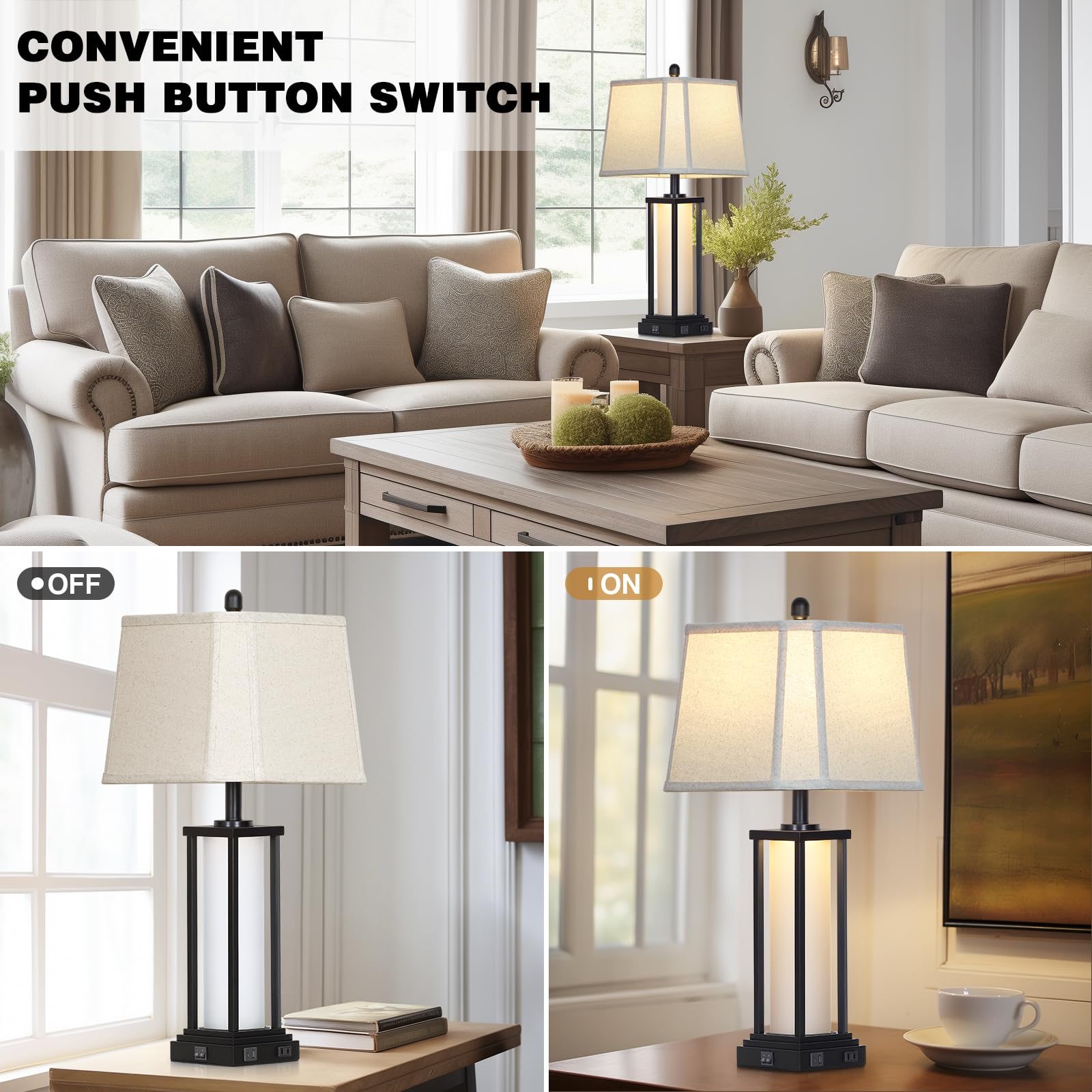 Cinkeda Vintage Table Lamp Set of 2, 27" Tall, Black Metal with USB & Outlet, Farmhouse Rustic Design