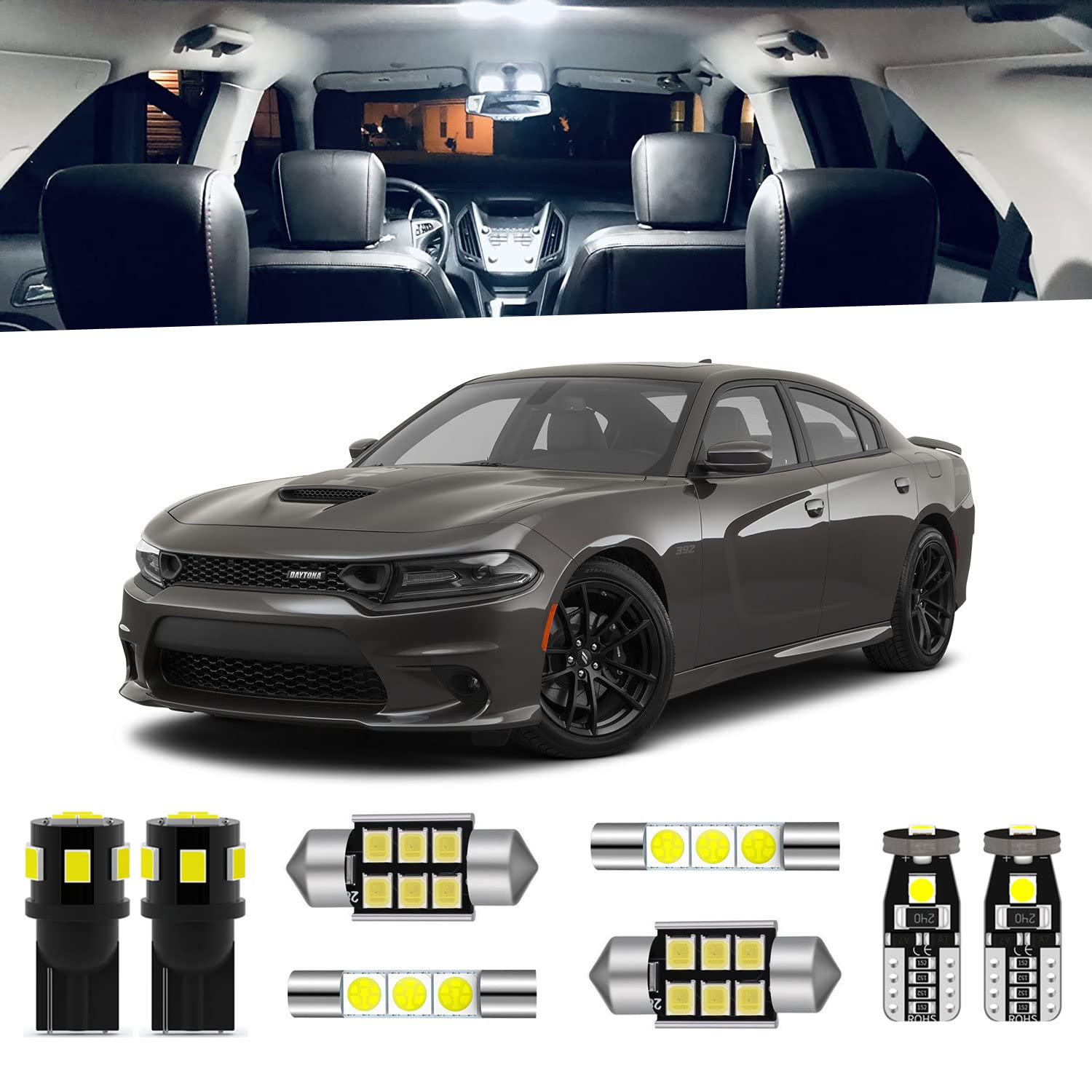 ENDPAGE 16-Pieces Charger Interior LED Light Kit Package for Dodge Charger 2011 2012 2013 2014 2015 2016 2017 2018 2019 2020 2021 White LED Lighting Package + License Plate Lights, Install Tool