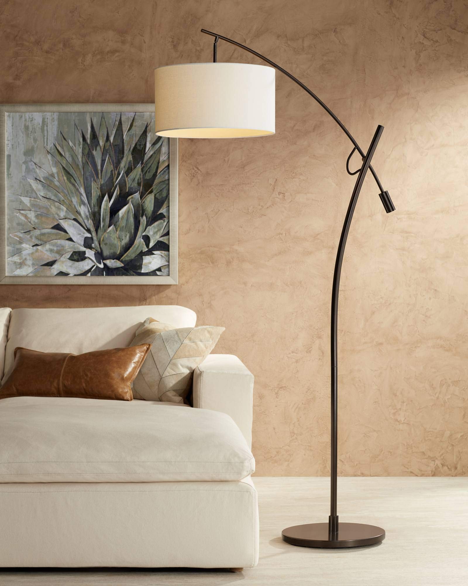 Possini Euro Design Raymond Modern Arched Floor Lamp Standing 69'' Tall Bronze Brown Metal Slim Profile Off-White Linen Drum Sha