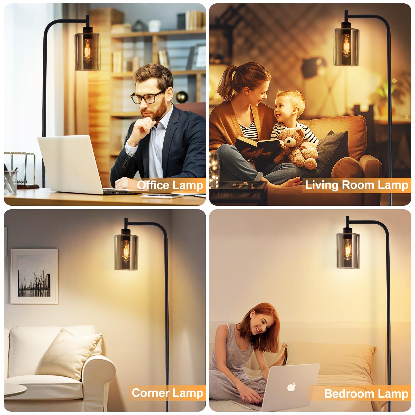 DINGLILIGHTING Floor Lamp - Black Metal Standing Lamp with Grey Glass Shade, Model WSFLL005-BK-4, Ideal for Living Room and Office