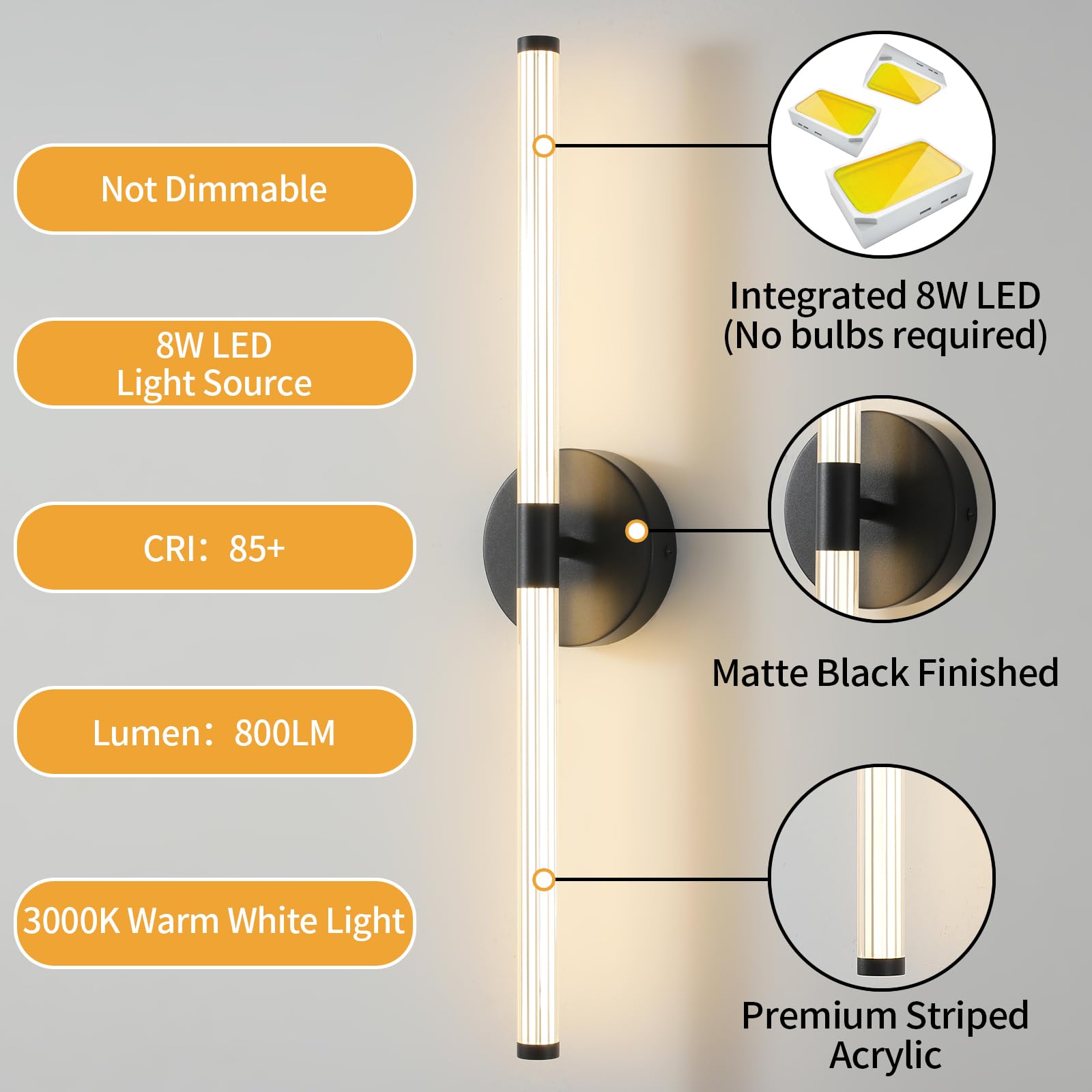 KUZZULL Wall Sconces Set of 2 Matte Black LED Indoor Lights 24in Acrylic Linear Design