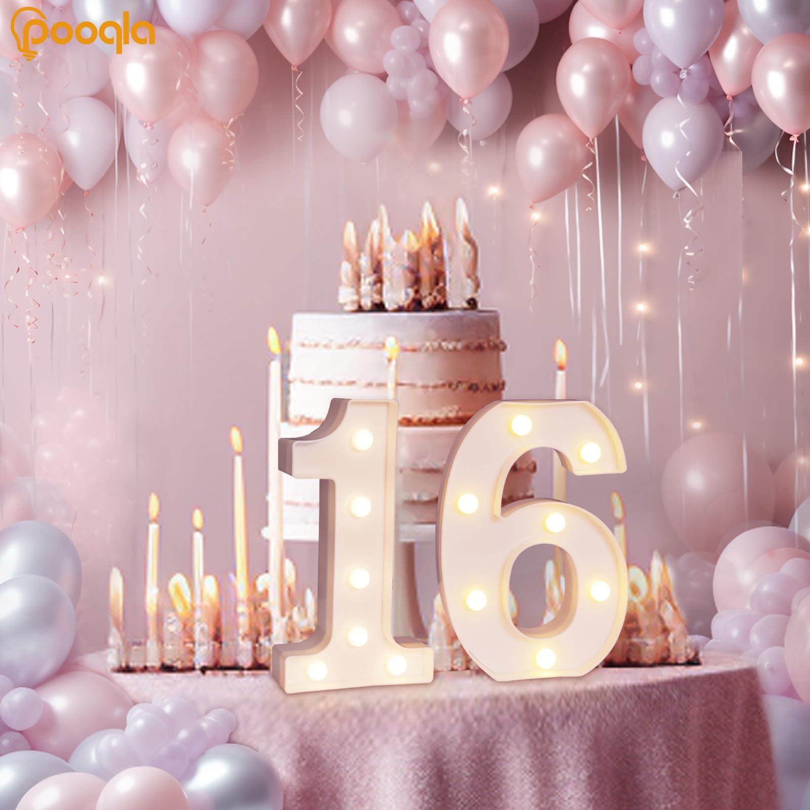Pooqla Decorative Led Light Up Number Letters, White Plastic Marquee Number Lights Sign For 16Th Birthday Party Wedding Decor Battery Operated Number (16)