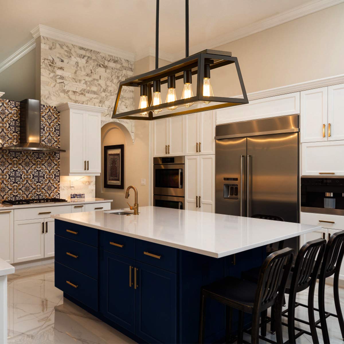 Eapudun 38-Inch 5-Light Farmhouse Kitchen Island Chandelier, Matte Black & Wood Finish