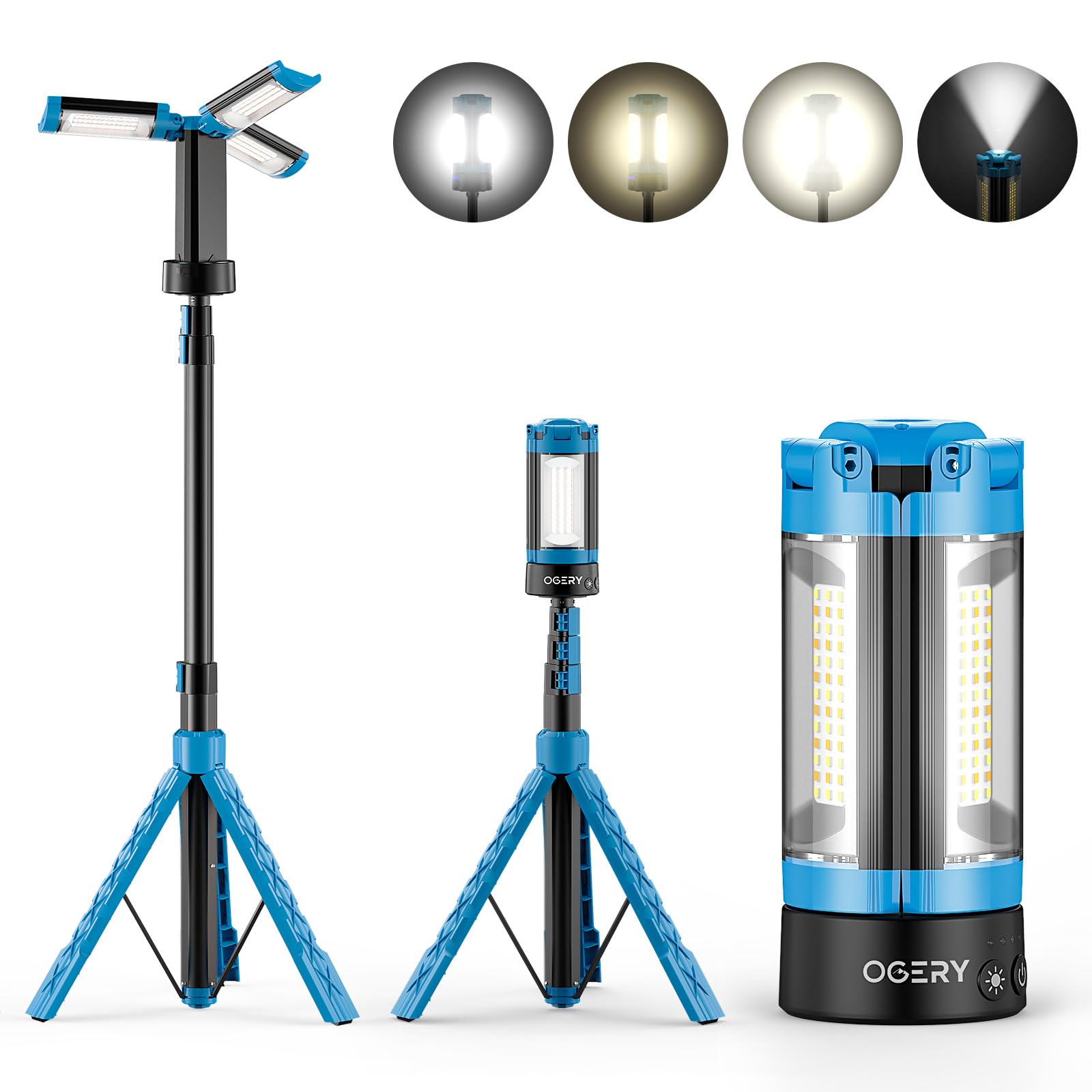 OGERY Rechargeable 10000mAh Camping Light with Stand 6.5 ft Max Height, Cordless Work Light with 3 LED Lamp Heads, 2200 Lumens D