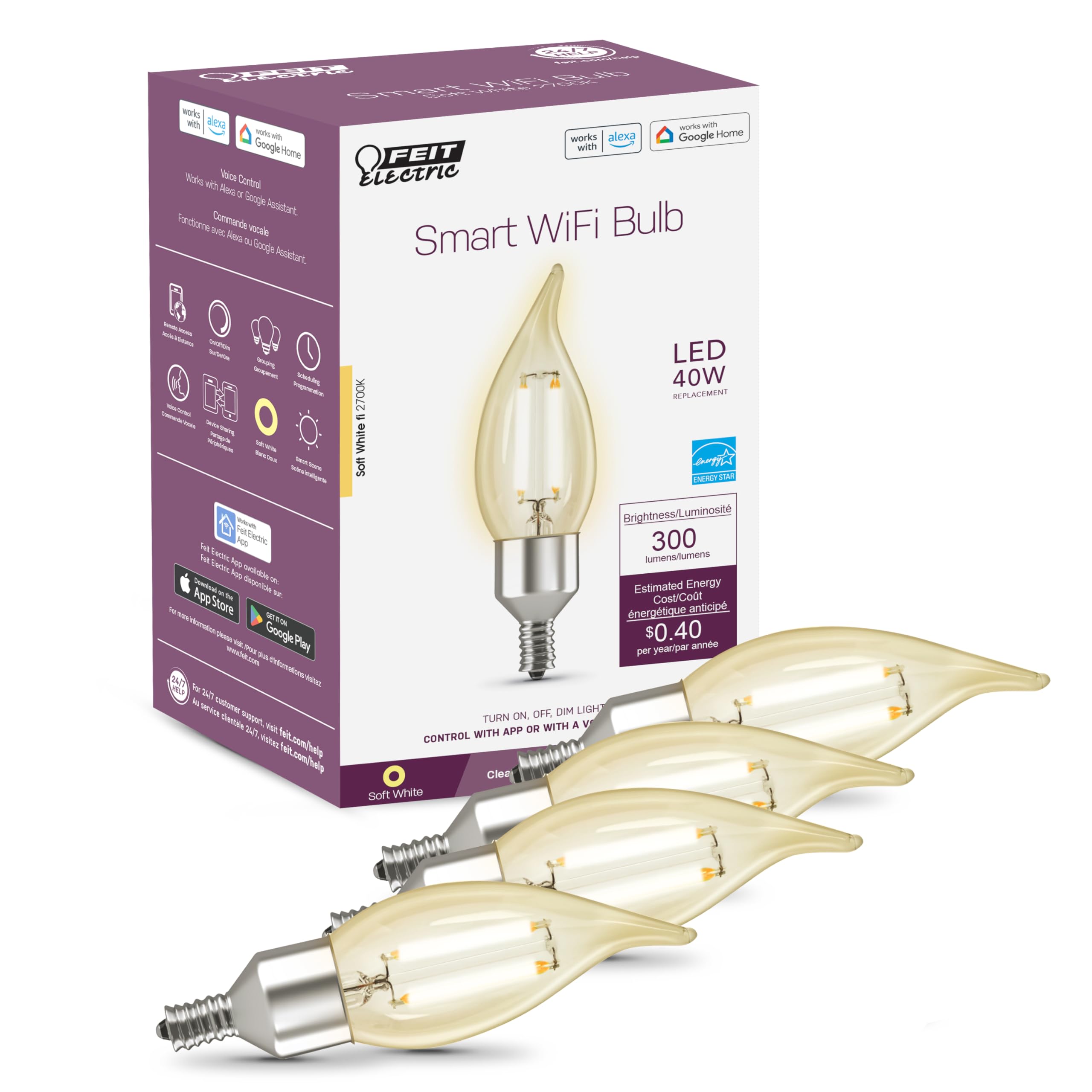 Feit Electric Smart Led Candle Wifi Bulb, Works With Alexa Or Google Assistant, E12 Base, No Hub, Flame Tip Filament Chandelier