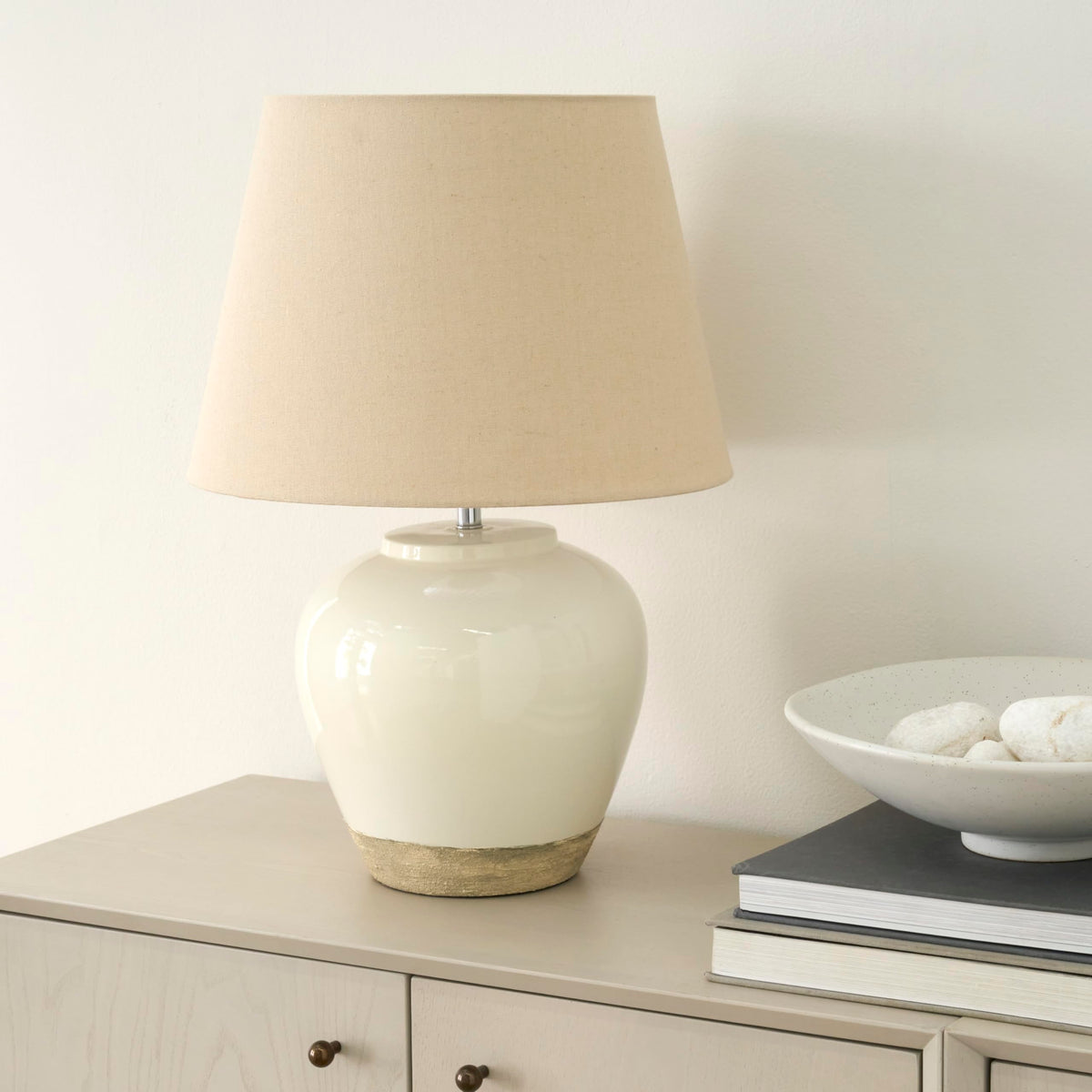 Nourison 20'' White/Sand Farmhouse Ceramic Pot Table Lamp for Bedroom, Living Room, Console, Entryway (Pack of 1)