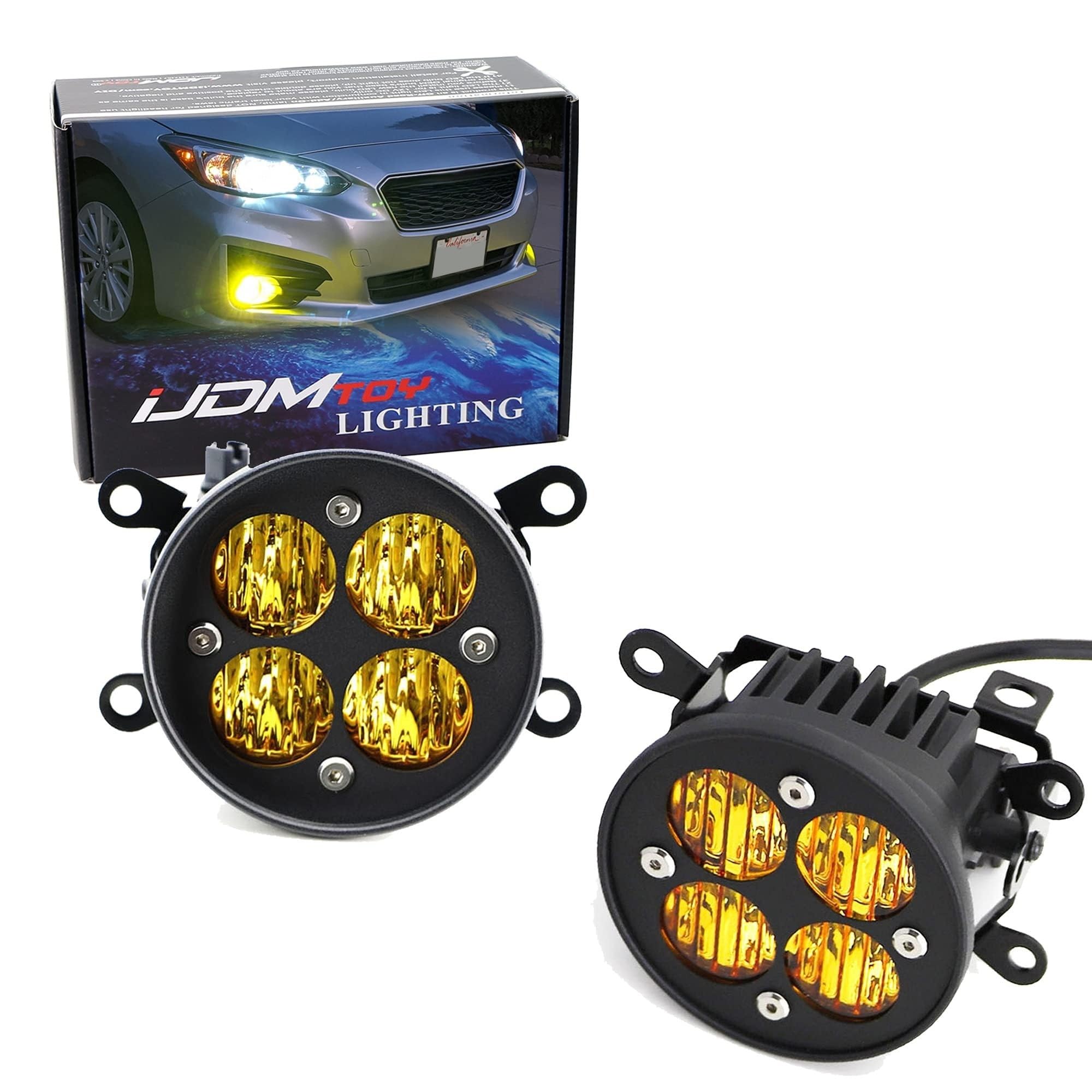 iJDMTOY Yellow Lens 24W High Power LED Wide Angle SAE Flood Beam Fog Light Kit w/Built-On Mounting Brackets Compatible With Subaru WRX STI XV Crosstrek Impreza BRZ Forester  etc
