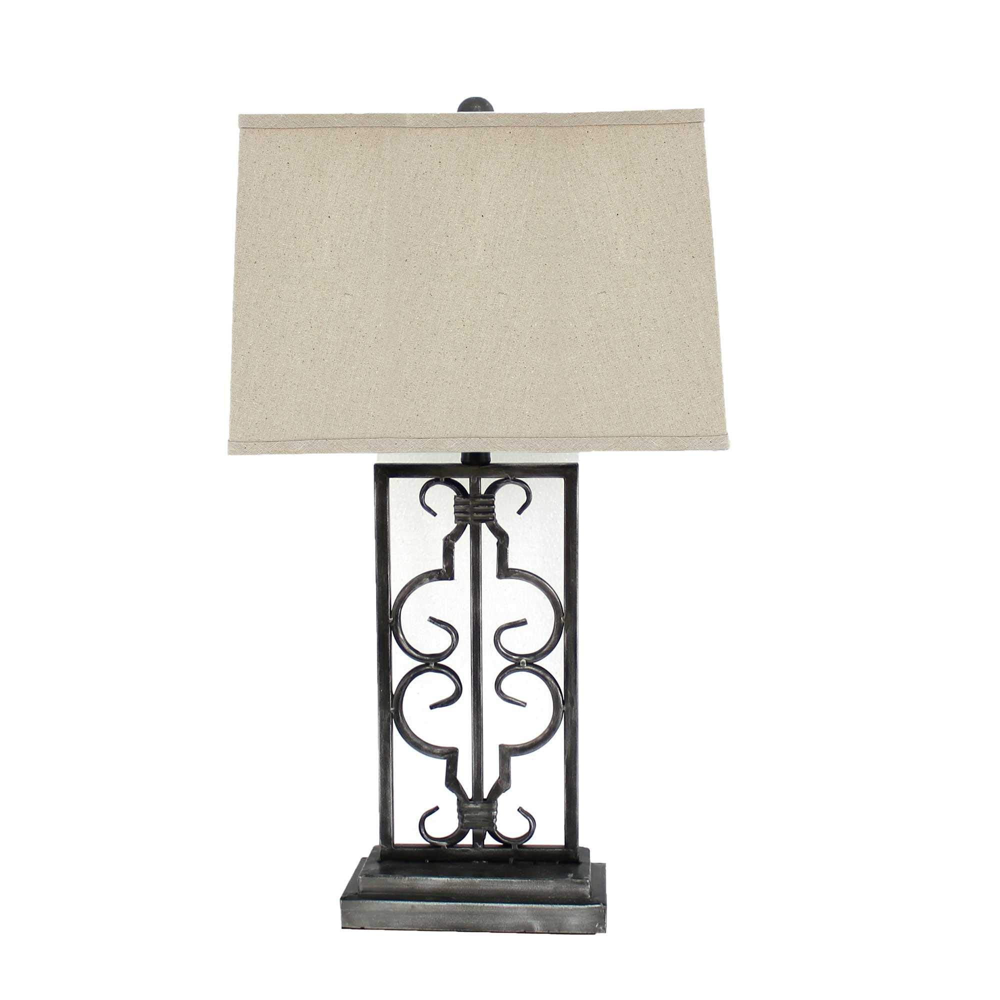 HomeRoots Industrial Table Lamp, Gray, 29in x 28in x 8in, Stacked Metal Pedestal, Model 277065, Linen Shade