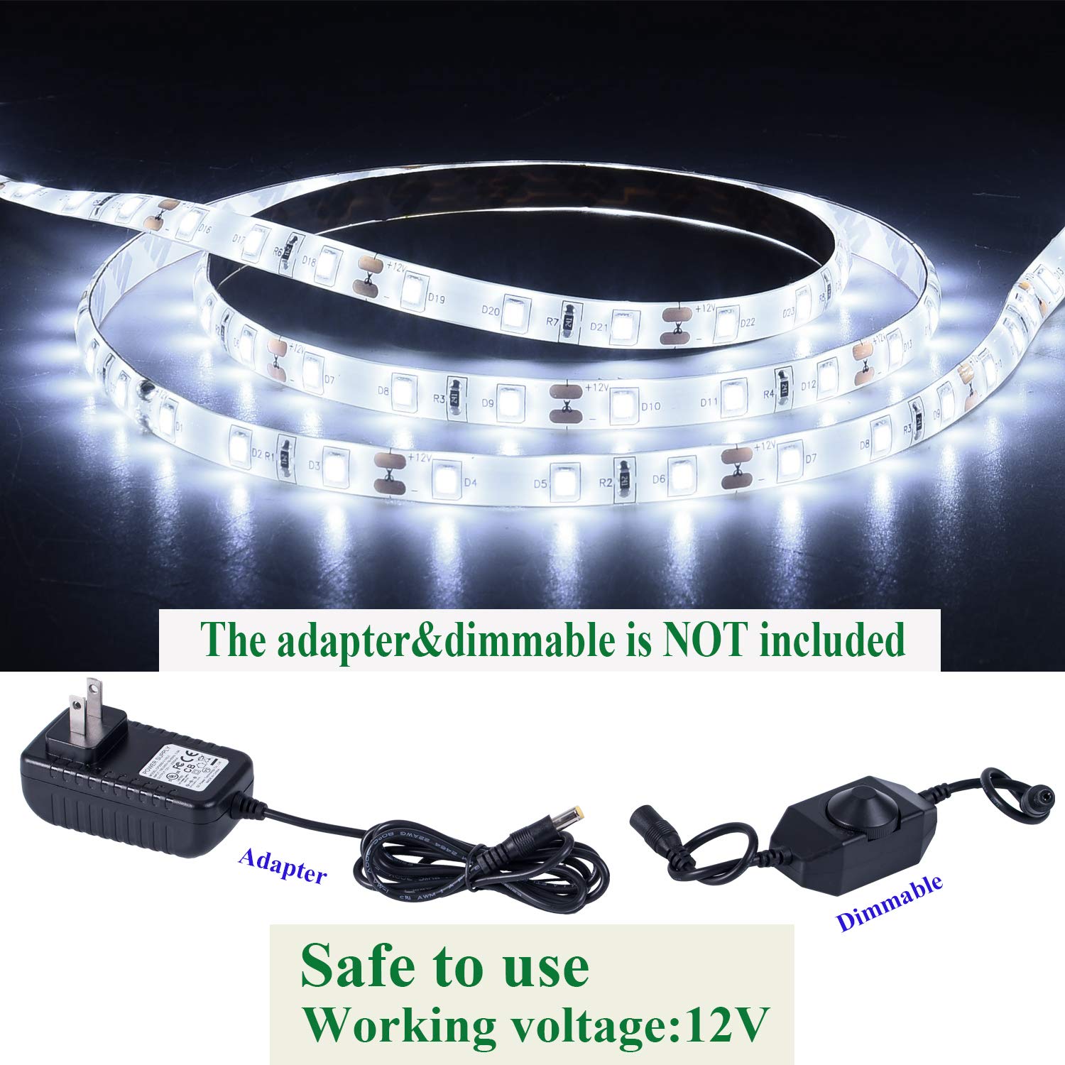 Junwen 16.4Ft White Led Strip Lights  12V Waterproof Led Strip Lights Flexible Light Strip Indoor For Bedroom  Kitchen  Bathroom(Not Included Power)