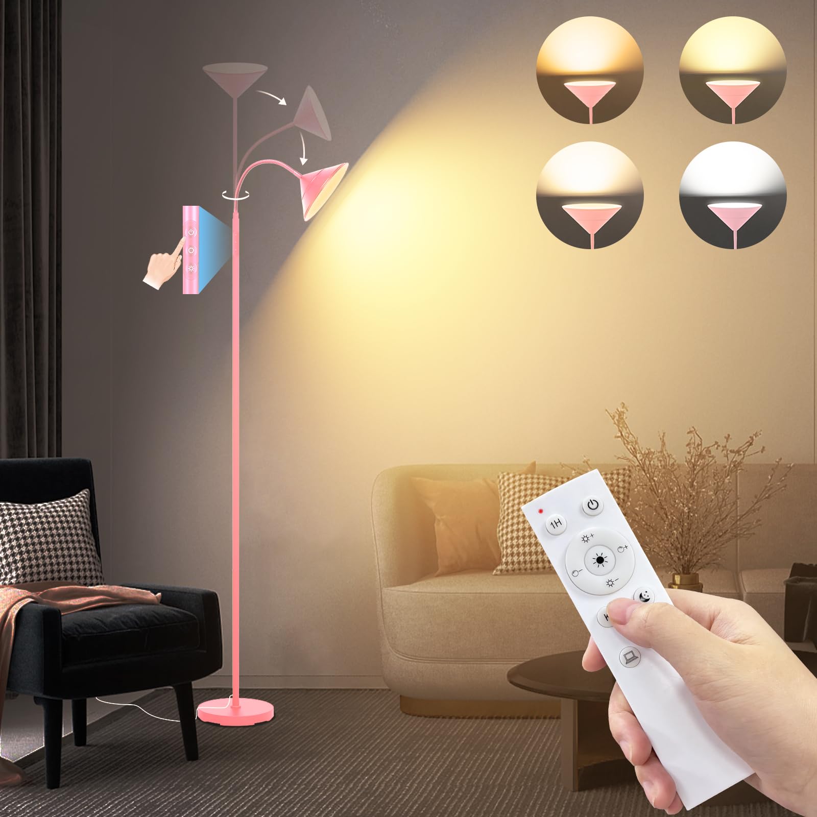 Floor Lamp, 18W Upgraded Bright LED Floor Lamps for Living Room Bedroom with Gooseneck Stepless Dimming & Color 76inch Tall Stan