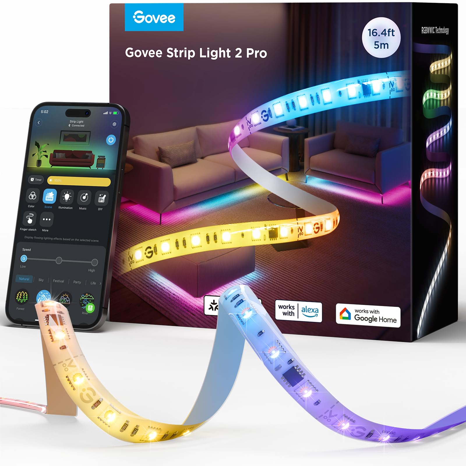 Govee RGBIC Strip Light 2 Pro with Matter, 16.4ft Smart LED Strip Lights Work with Alexa and Google Assistant, DIY Color Changin