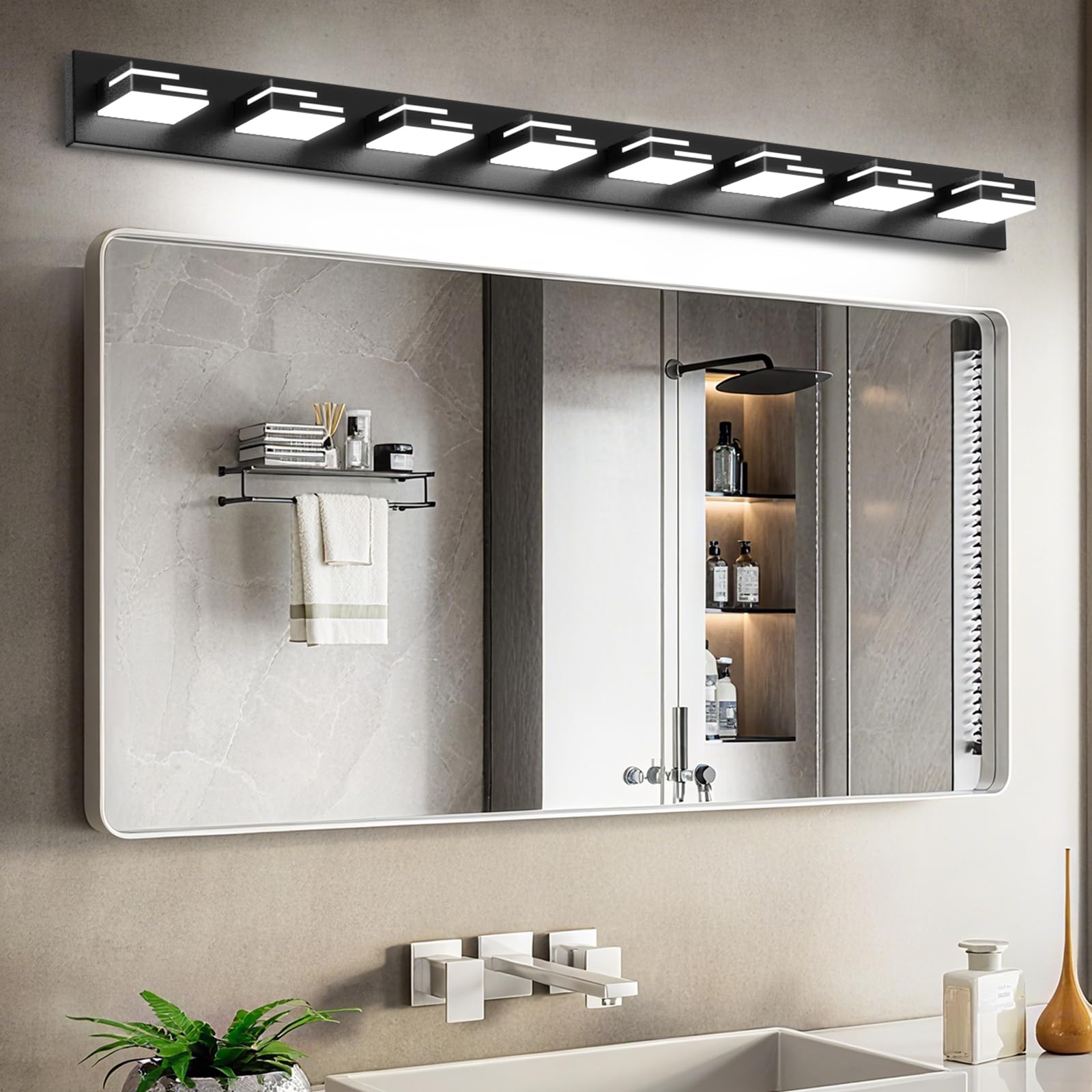 Lkhf Led Modern Bathroom Vanity Light Fixtures  8-Light 55-Inch Dimmable Matte Black Vanity Lights For Bathroom Lighting Fixtures Over Mirror  With 350?Rotatable Acrylic Heads (Cool White 6000K)