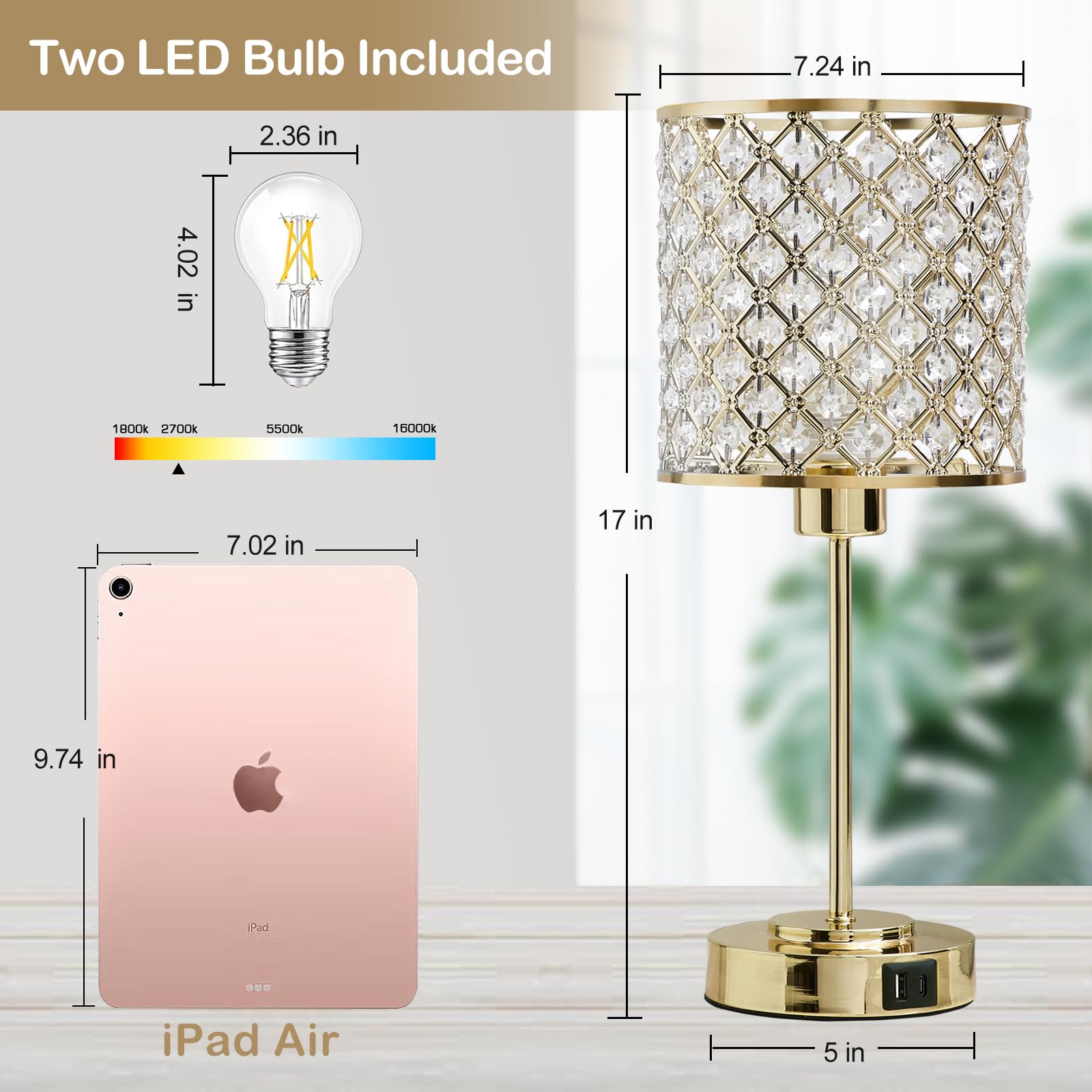 Crystal Touch Control Table Lamp With Usb-C+A Charging Ports 3-Way Dimmable Nightstand Lamp Set Of 2 Crystal Decorative Bedside