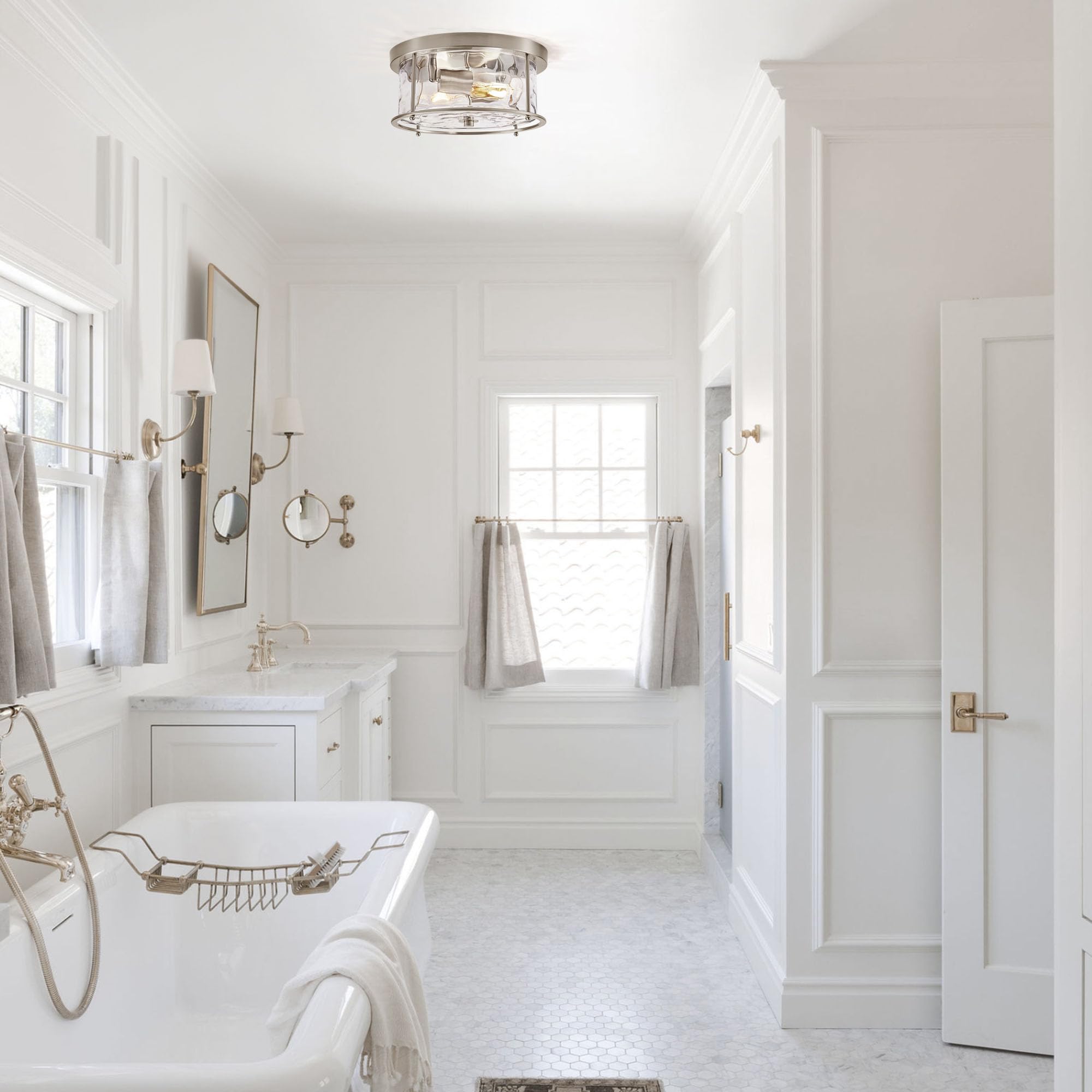 LamQee Flush Mount Ceiling Light, 2-Lights, Hammered Glass, Brushed Nickel, Model 06FTL0284ANK, Industrial Farmhouse Style