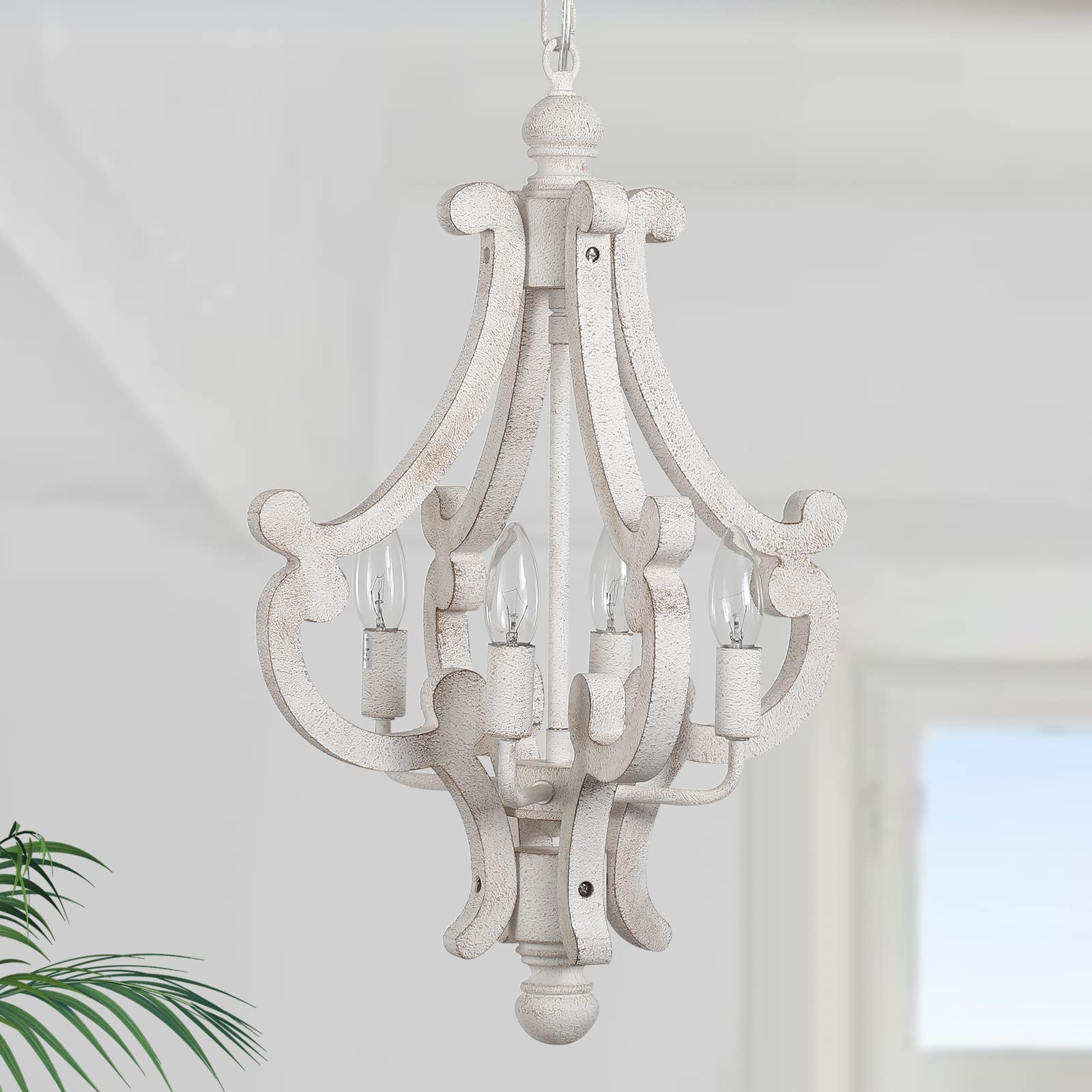 ALISADABOY Farmhouse Rustic Wood Light Fixture Distressed White Dining Room Pendant Chandelier French Country 4 Light Candle Han