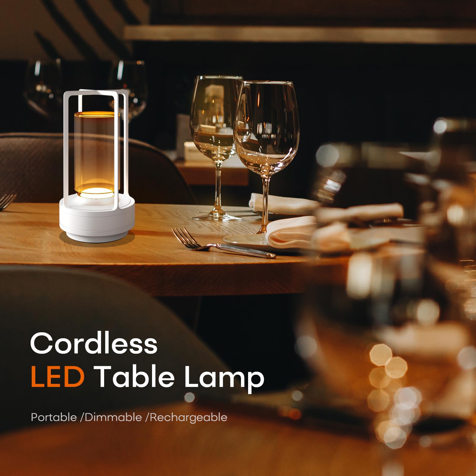 HAPYGI Portable Metal Table Lamp, Rechargeable LED, 3-Colour Dimming, 7.08inx3.54inx3.54in, White, Model A-LAMP