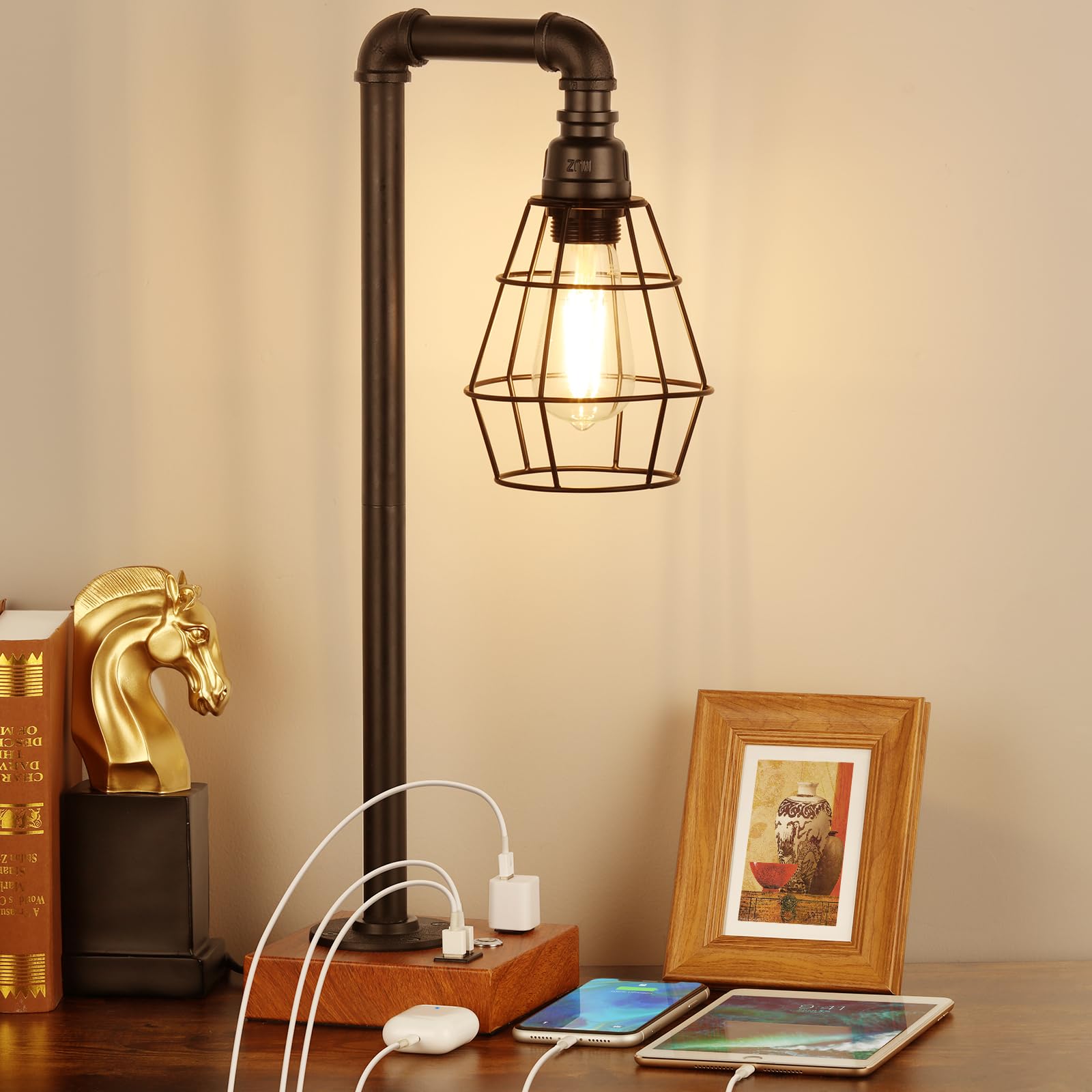 YBING Industrial Desk Lamp, Bulb Included, 3 Way Dimmable Table Lamp with Dual USB Ports & AC Outlet, Edison Touch Control for B