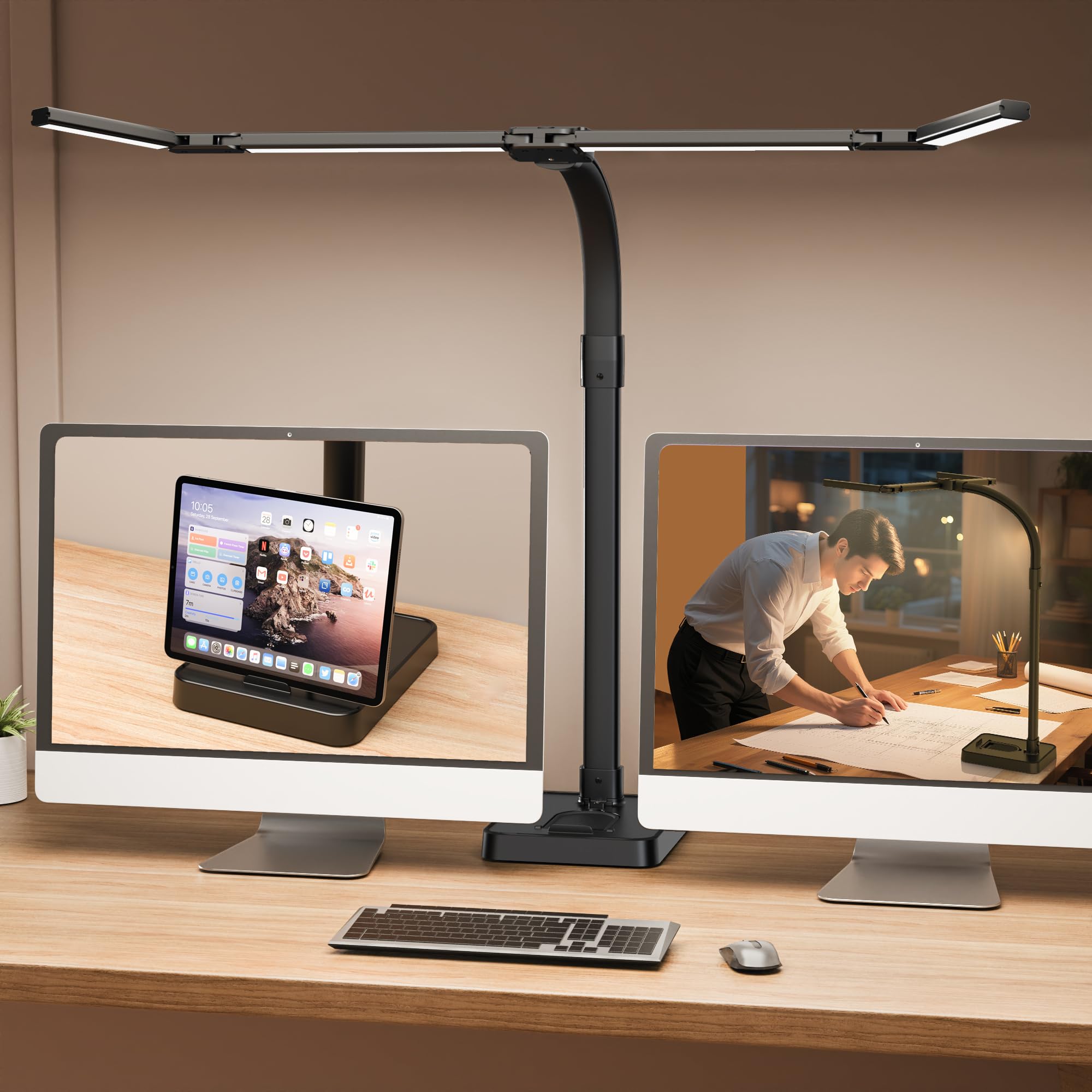 Sandiea Led Desk Lamp For Home Office - 24W Bright Double Head Desk Light With Clamp Eye Caring Architect Task Light 25 Lighting Modes Adjustable Flexible Gooseneck Lamp (All Black)