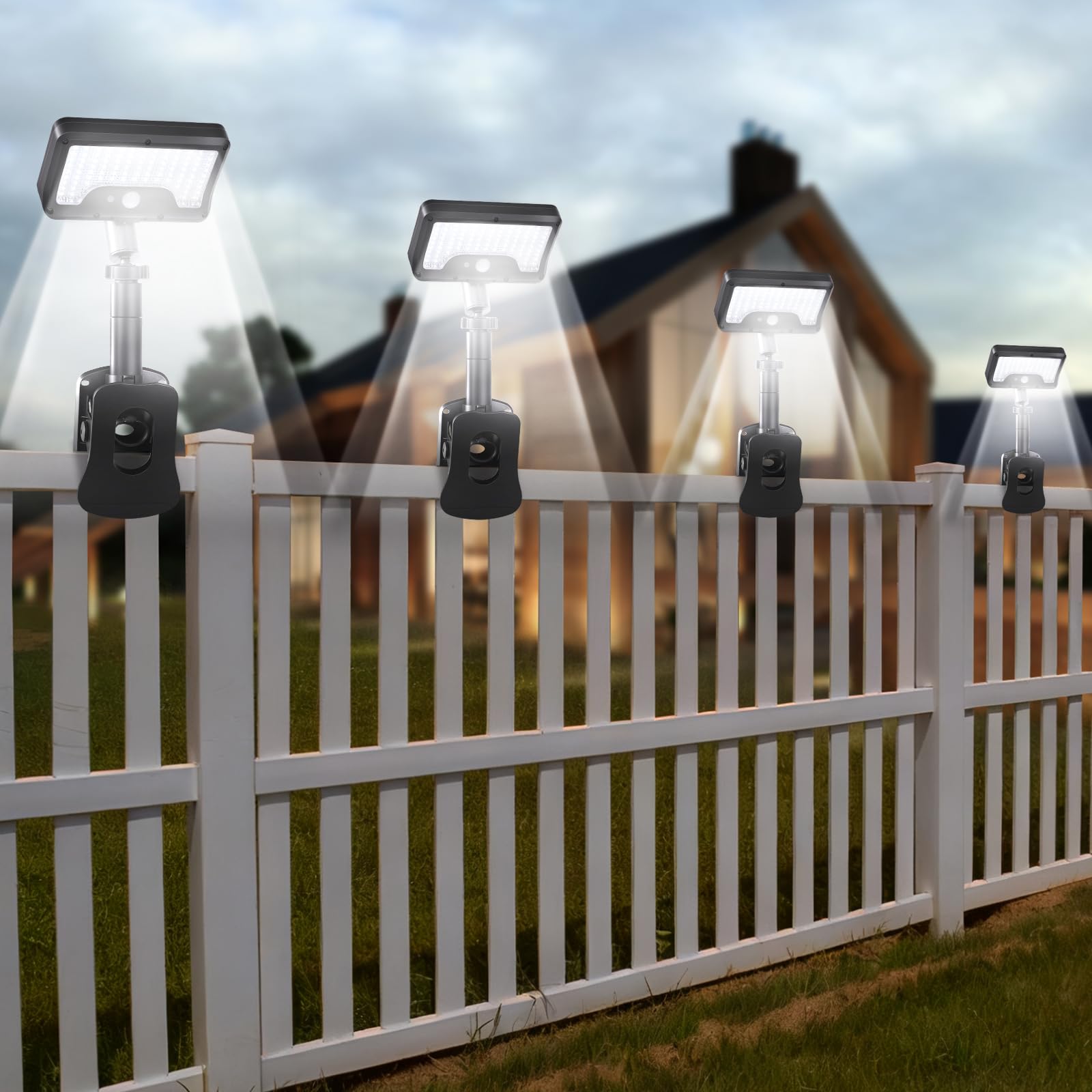 Clip On Solar Lights Outdoor with Motion Sensor  360Rotatable & Vertically Adjustable Solar Fence Lights with 92 LEDs (600 LM  6000 K) IP65 waterproof Security light for deck  Gutter  Camping(4 Pack)