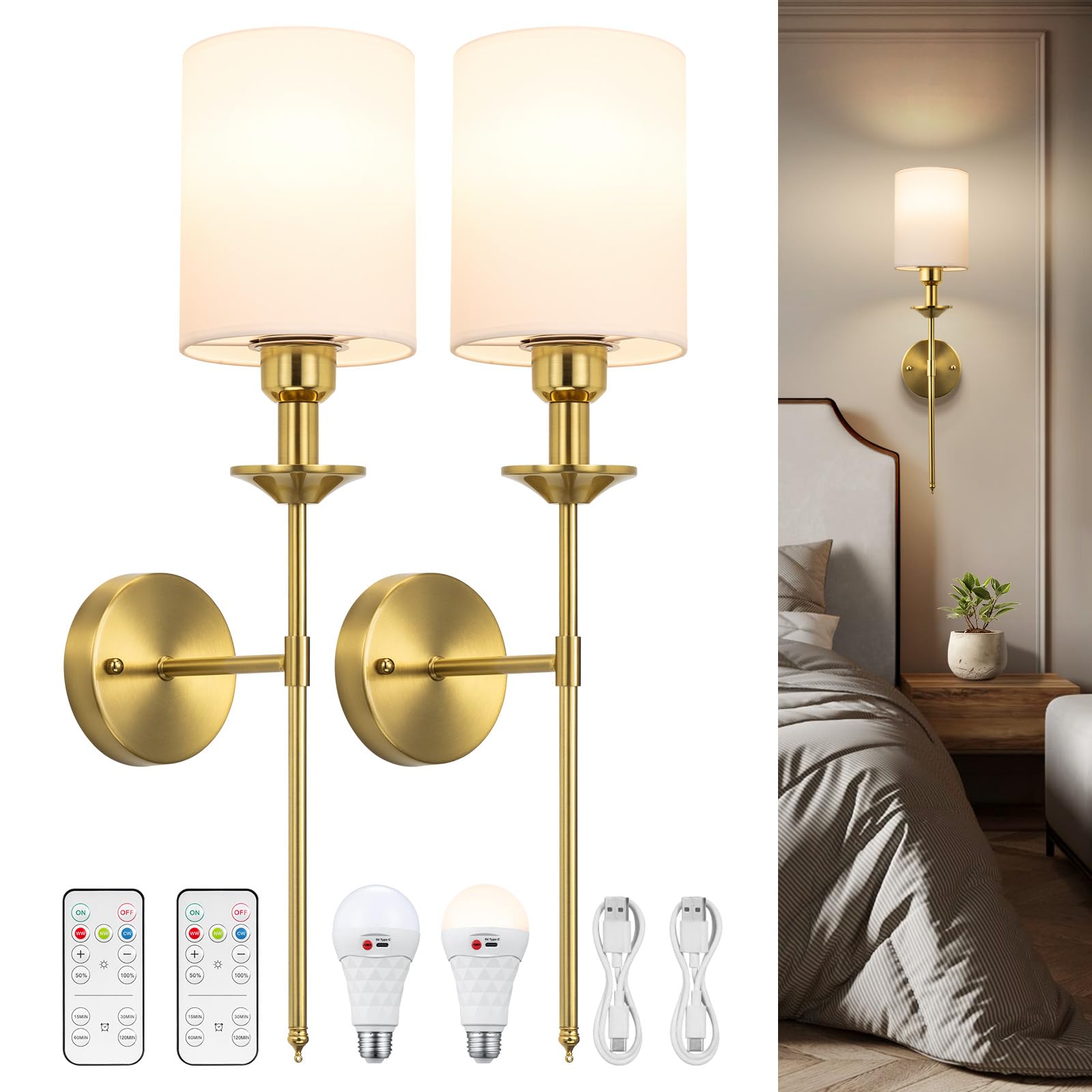 NookNova Battery Operated Wall Sconce Set of 2, Rechargeable Fabric Wall Lights, 5000mAh, Gold