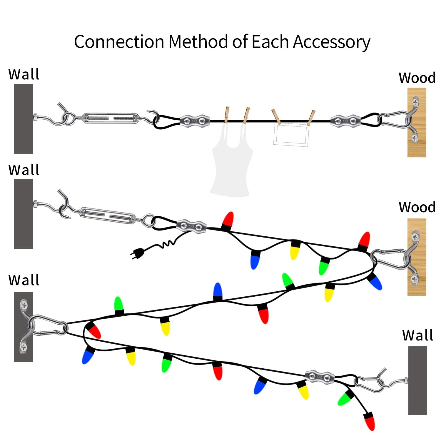 Bestnewll Globe String Lights Hanging Kit With 164 Ft Stainless Steel Wire, Turnbuckle & Hooks