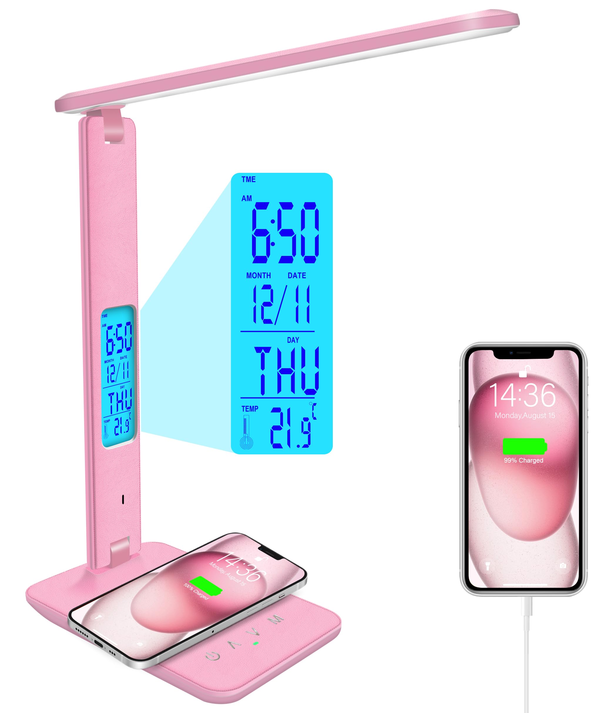 snsok Desk Lamp with Wireless Charger, USB Charging Port, Dimmable Office Desk Light with Clock, Alarm, Date, Temperature, Foldable Lamp for Table Bedroom Bedside Office (Pink)