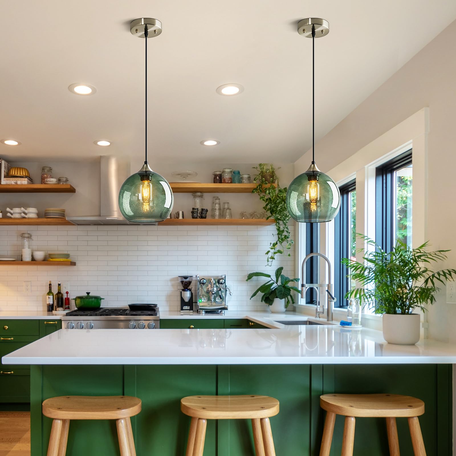 Lbsqj Gray Green Glass Pendant Lights Kitchen Island Lighting Globe Pendant Light Fixtures Modern Pendant Lighting For Kitchen Island Bedroom Living Dining Room Light Fixture(7.87In  3-Pack)