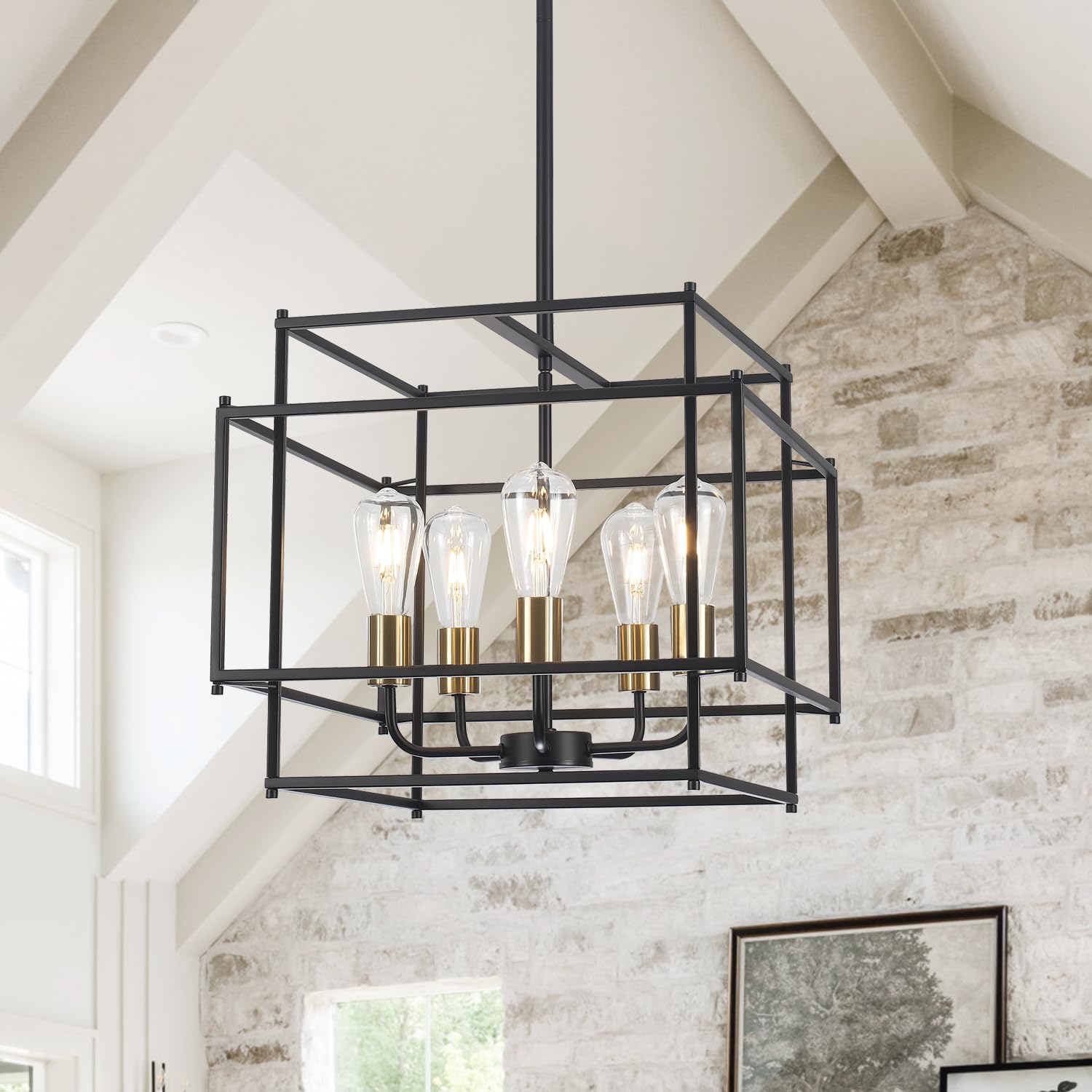 Luupyia 5Lights Rectangle Chandelier Industrial, Black and Gold Metal Pendant Light Fixture Linear for Living Room Dining Room O