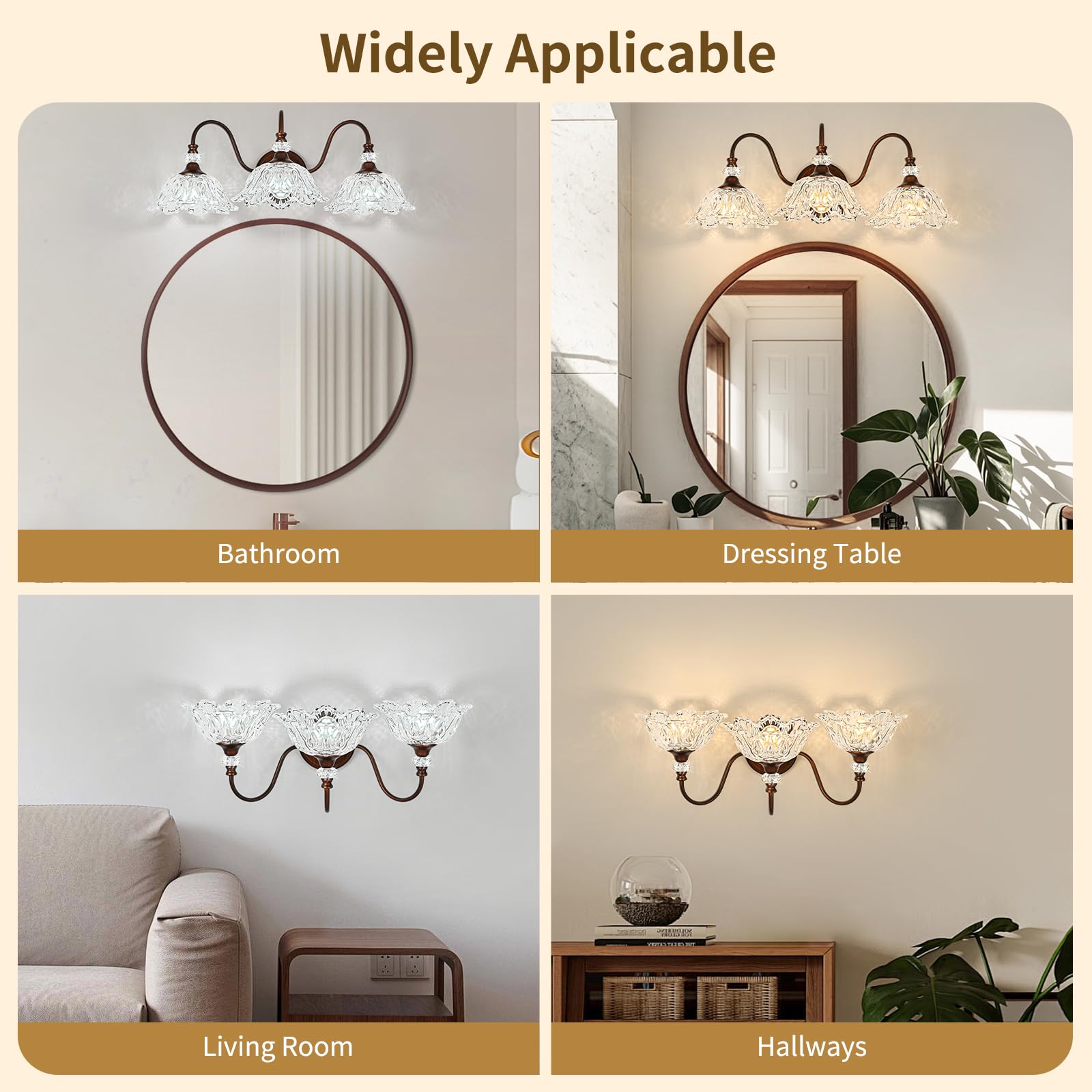 sunkryster 3-Light Vintage Bathroom Vanity Light, Oil-Rubbed Bronze with Floral Clear Glass Shades, Model Sun-104AB-3-ORB