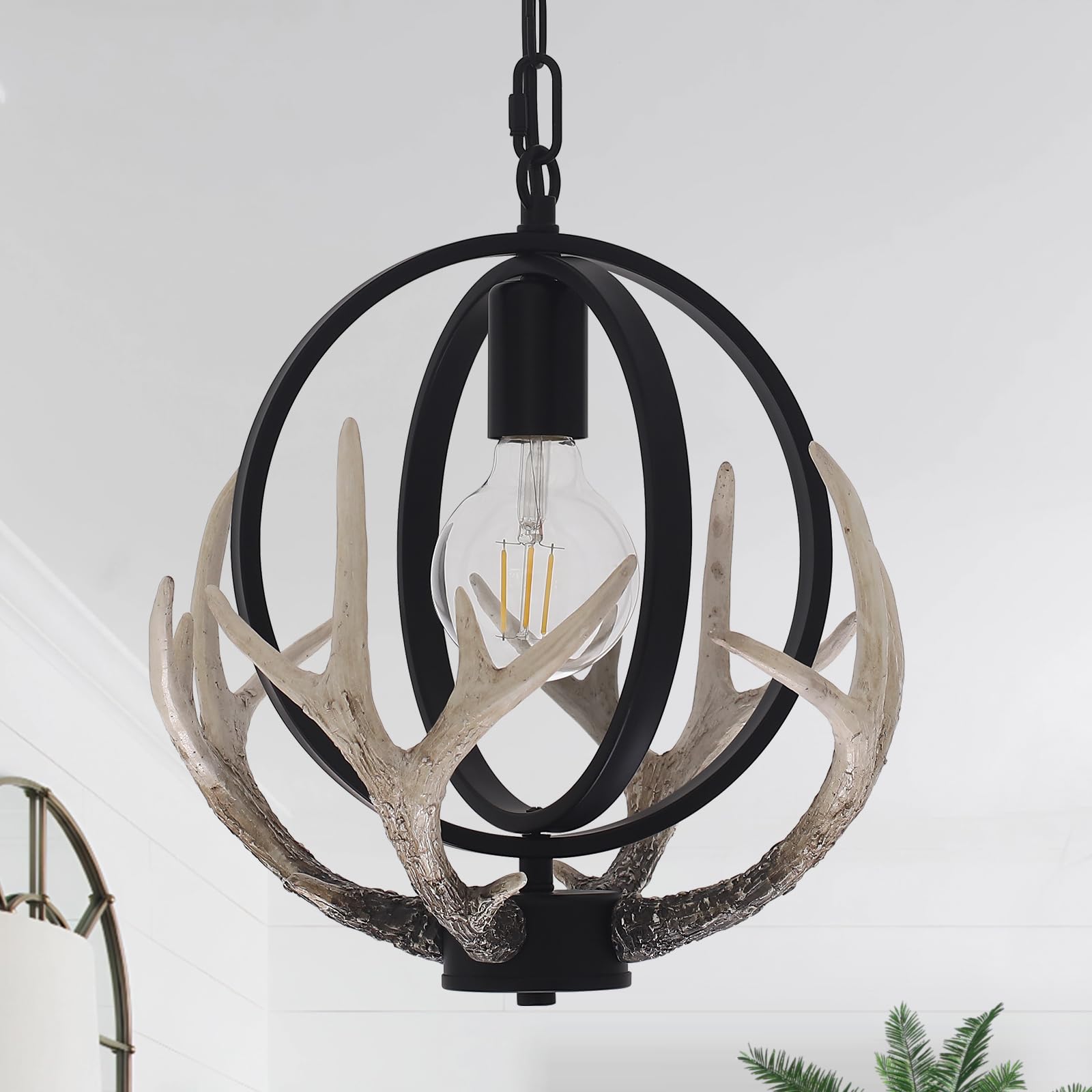 Rustic Farmhouse Chandelier 1 Lights Retro Antler Chandelier With 4 Resin Deer And Metal Globe Chandeliers For Dining Room Vinta
