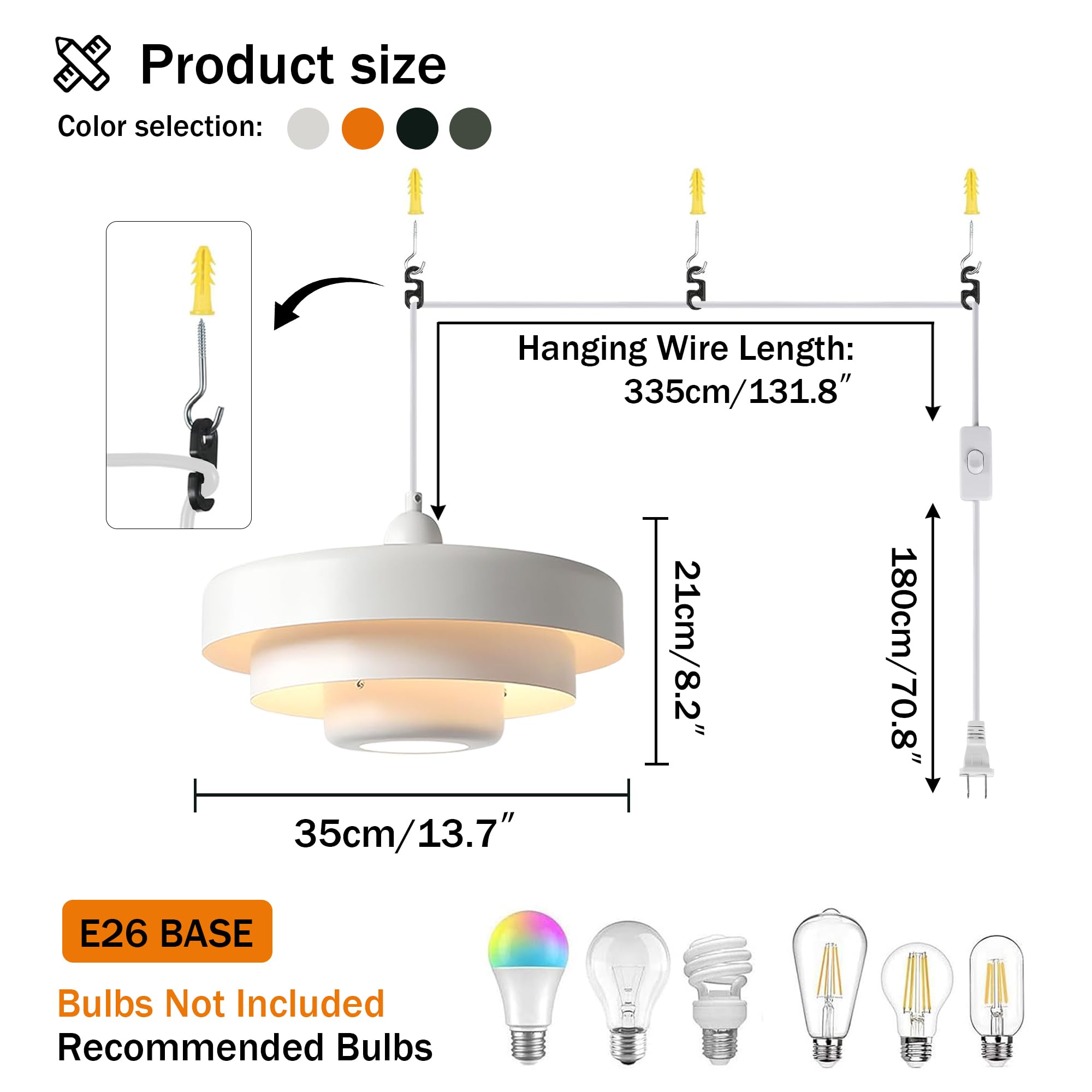 DoungRos Mid Century Modern White Pendant Lamp DR011 - Metal Shade Hanging Light for Living Room, Dining Room, Kitchen Island