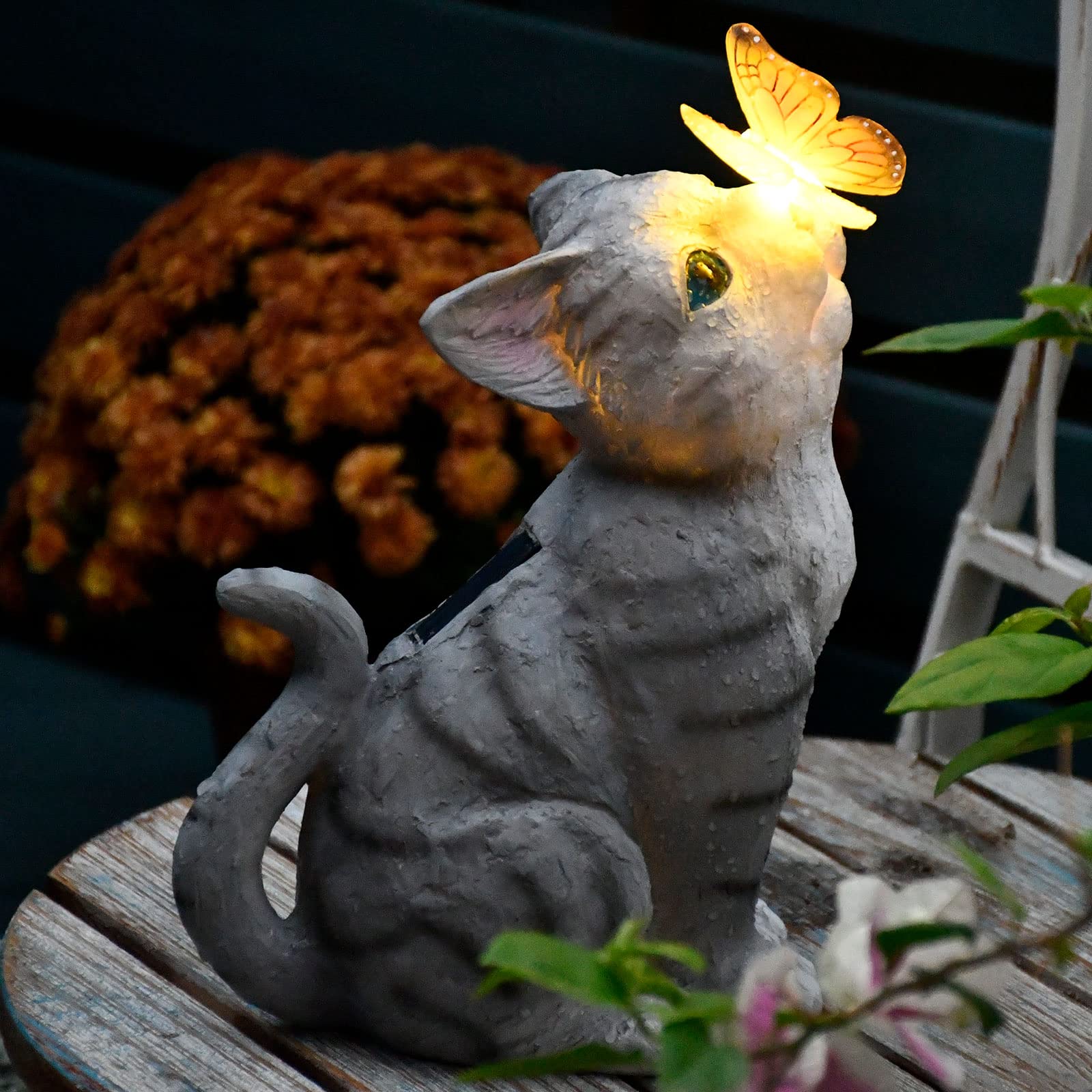 Cat Garden Figurines Outdoor Decor Solar Statue With Led Lights For Patio Lawn Yard Art Decoration Housewarming Garden Gift (Grey-1)