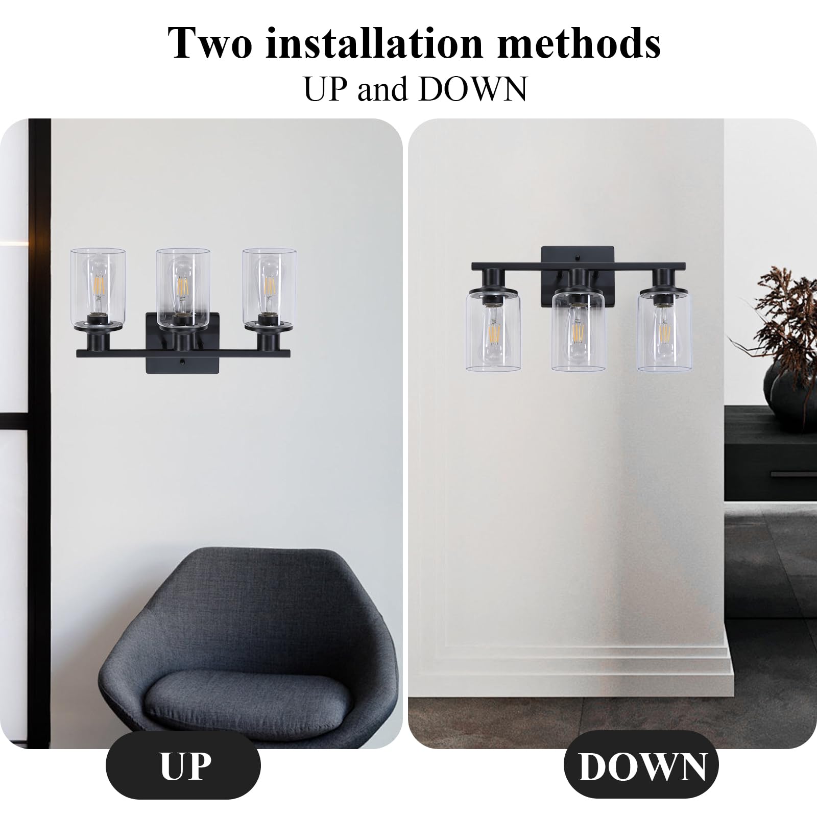 Matte Black Bathroom Light Fixtures Over Mirror 3-Light Bathroom Vanity Light With Clear Glass Shade Modern Farmhouse Wall Sconces Lighting For Mirror Kitchen Living Room Cabinet