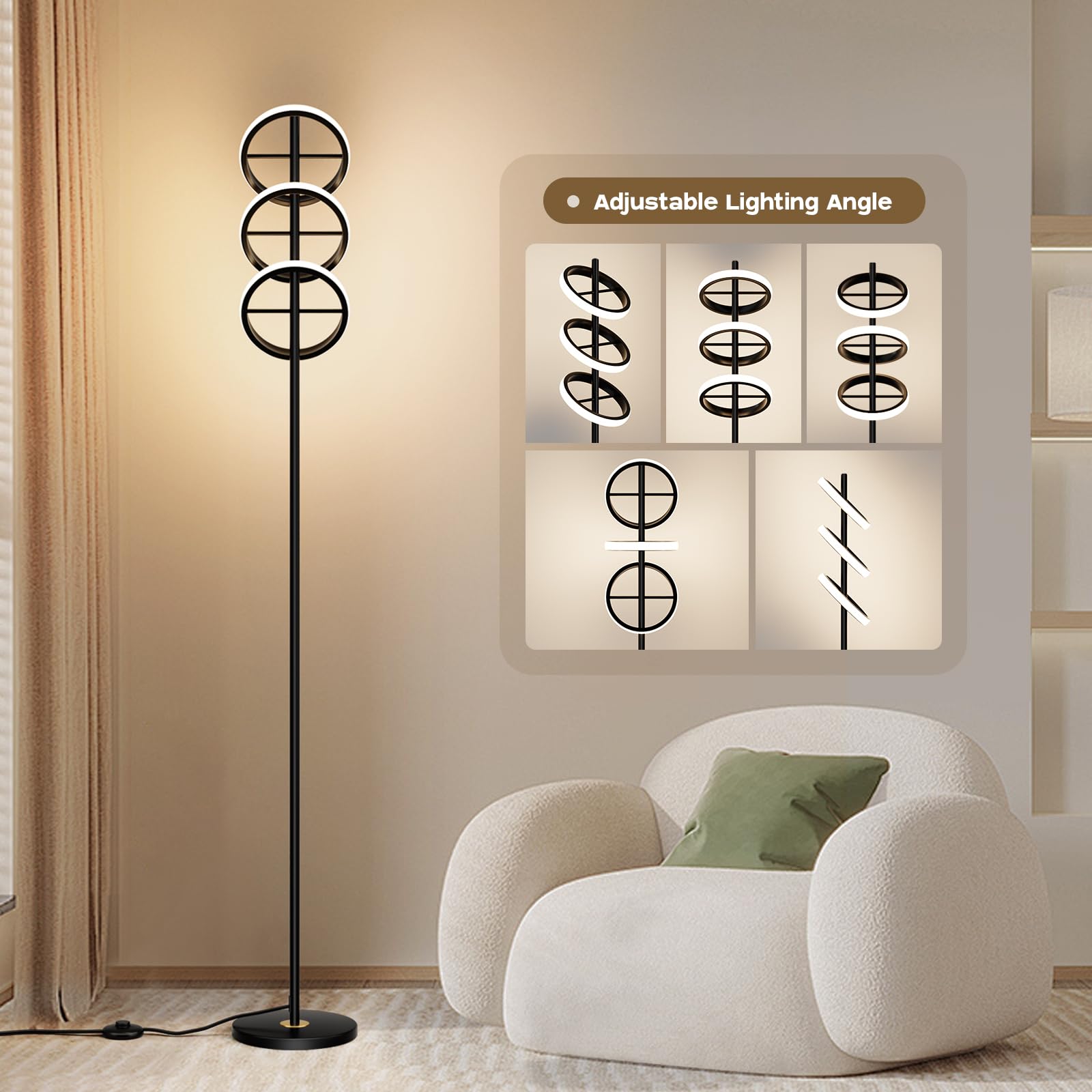 Figdifor Modern Led Floor Lamp - Adjustable 3 Saturn Rings-Contemporary Tall Standing Lamp For Living Room & Office Bedroom Read