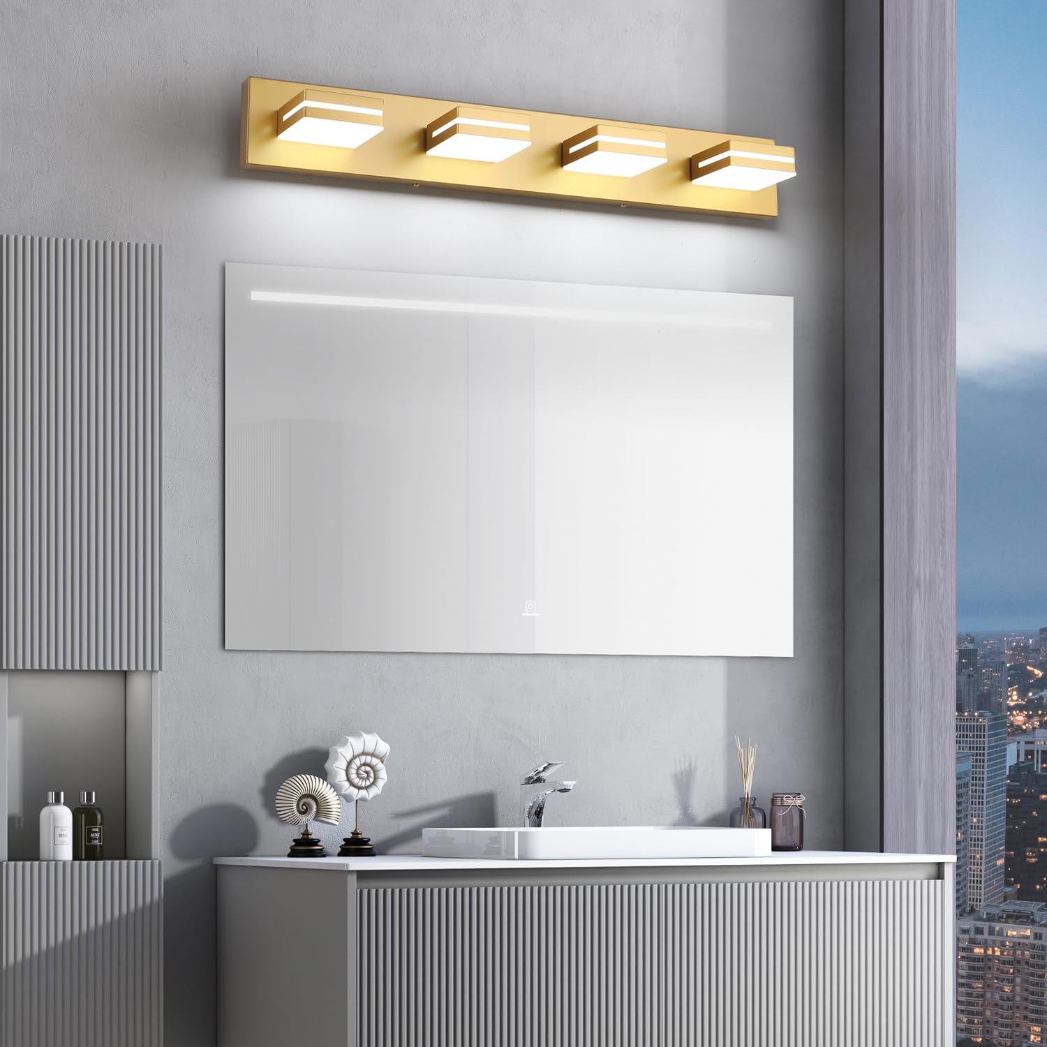 SineRise LED Modern Bathroom Vanity Light Fixtures (4-Light, 30-Inch), Matte Gold Modern Acrylic Bathroom Wall Lighting Fixtures