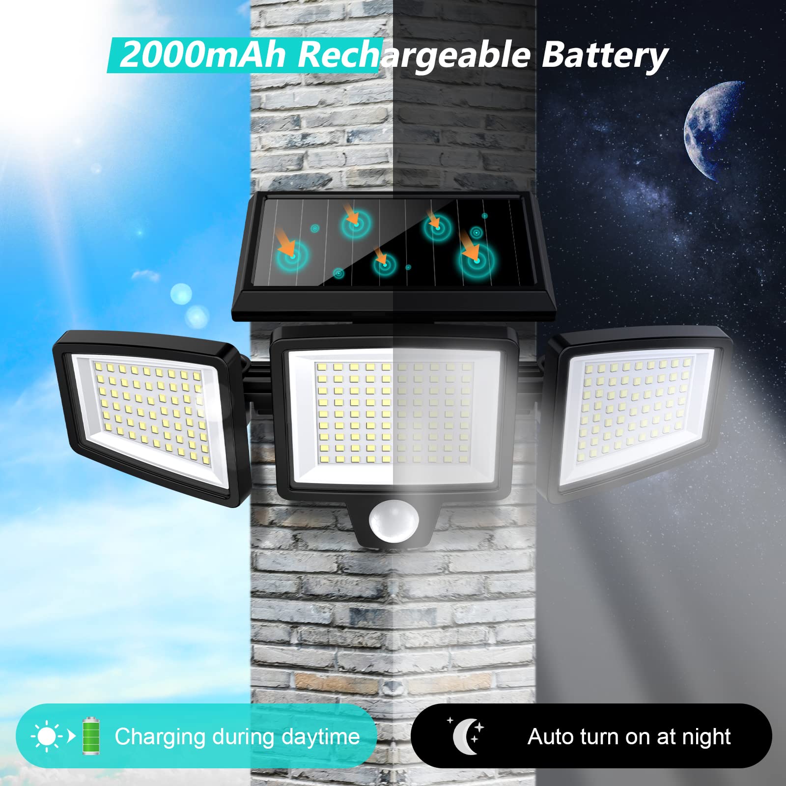 Tuffenough Solar Outdoor Lights 2500Lm 210 Led Security Lights With Remote Control,3 Heads Motion Sensor Lights, Ip65 Waterproof