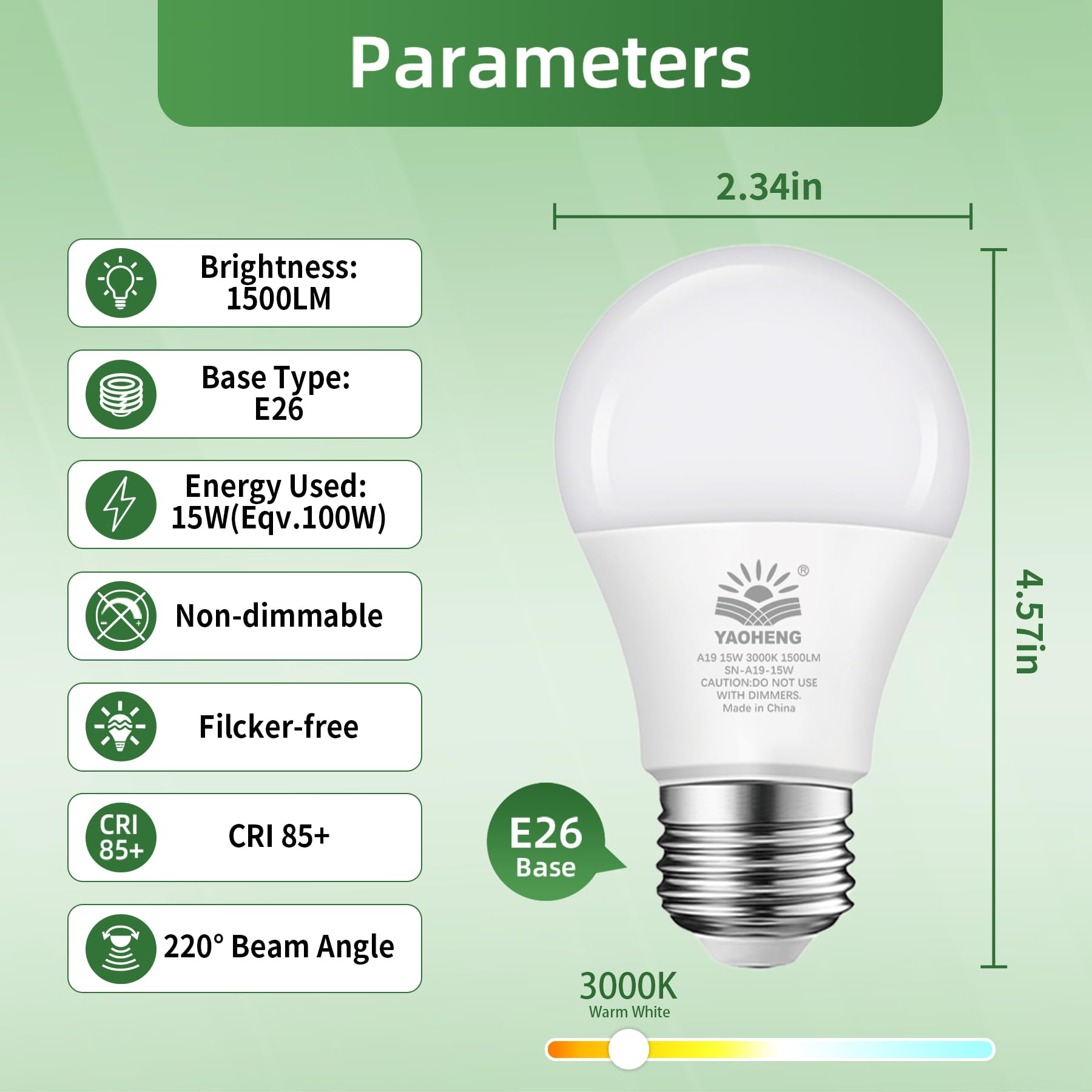 YAOHENG A19 LED Light Bulb, 15W, 3000K Warm White, 1500 Lumens, E26 Base, Non-Dimmable, 10 Count Pack