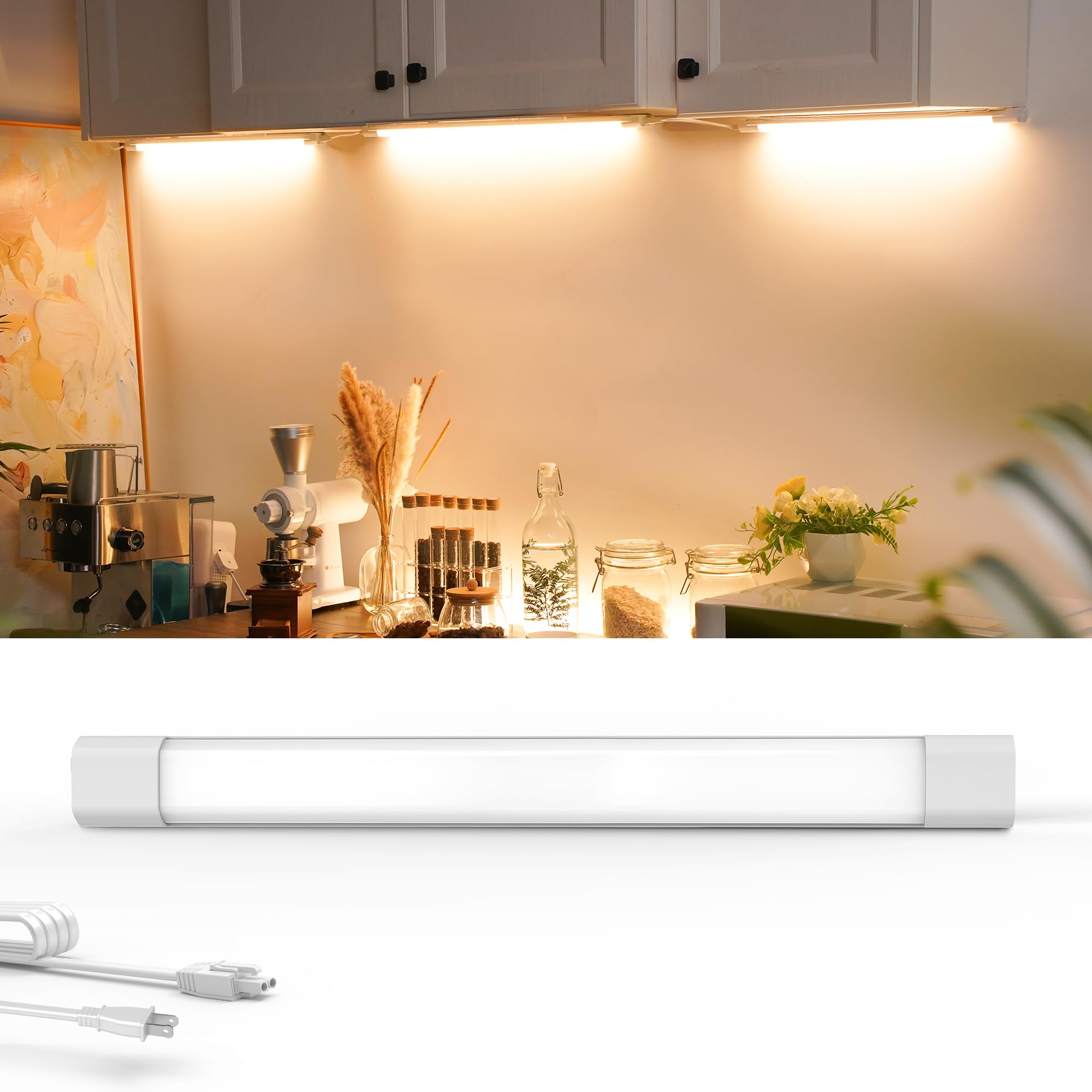 Snyloe 12'' Under Cabinet Light Plug-in, 6.5W 500LM, Dimmable (100%/50%), Energy Efficient, 5FT Power Cord and 12'' Linking Cord