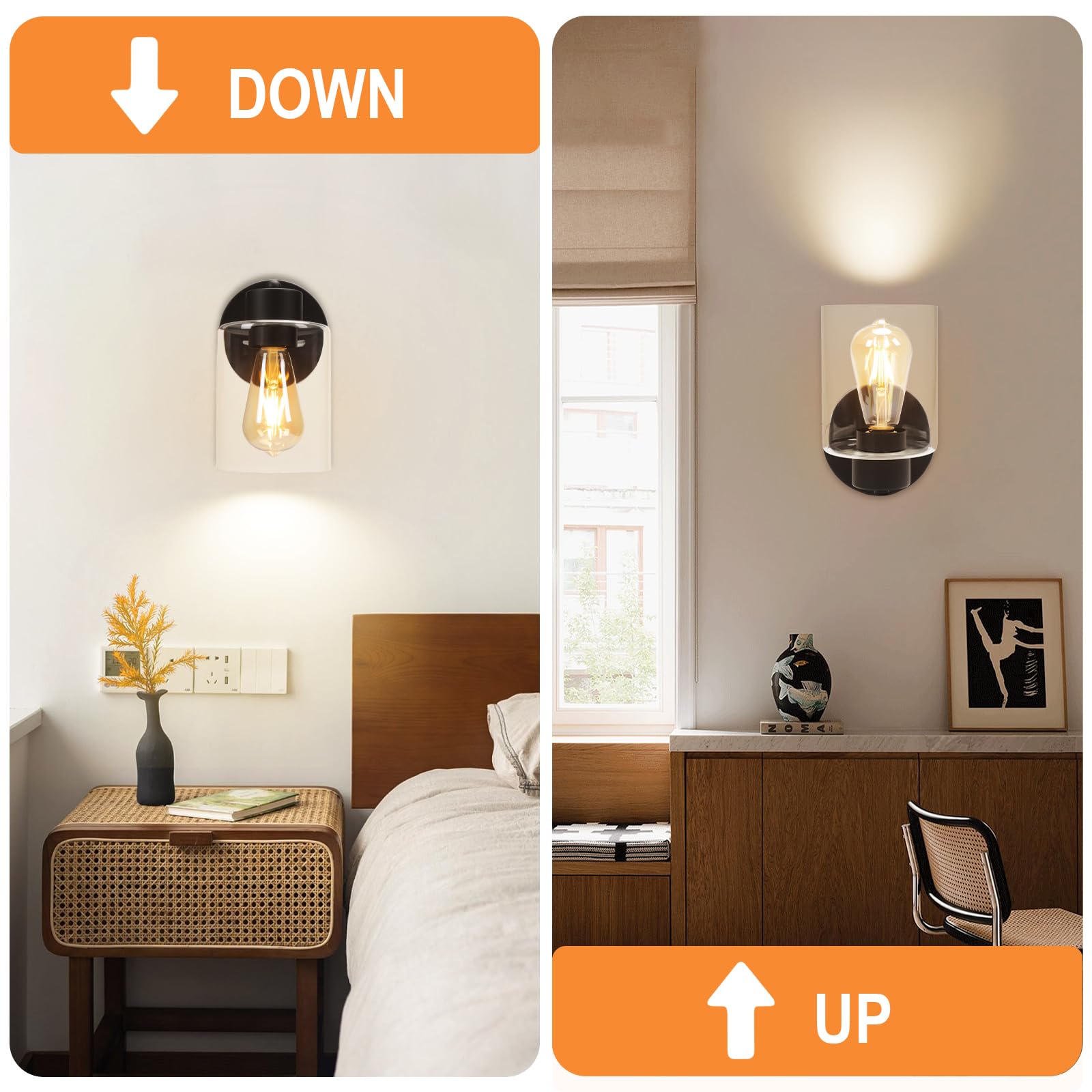 Kalium Wall Sconce, Matte Black Indoor Light Fixture, Clear Glass Shade, Hardwired, E26 Base, 1PC, Model WL009B-MK